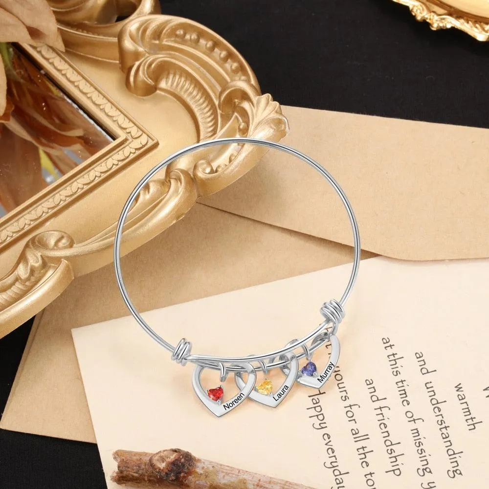 Heart Charm Bracelet, 3-Name Engraving Bracelet- Heart Charm Bracelet for Mom- Personalized Bracelet for Women- Trendy Bracelet for Women- Birthstone Bracelet for Women