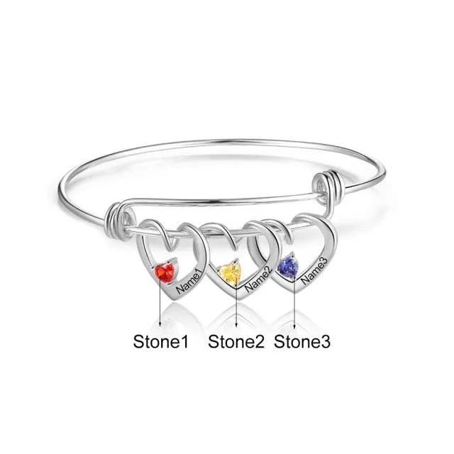 Heart Charm Bracelet, 3-Name Engraving Bracelet- Heart Charm Bracelet for Mom- Personalized Bracelet for Women- Trendy Bracelet for Women- Birthstone Bracelet for Women