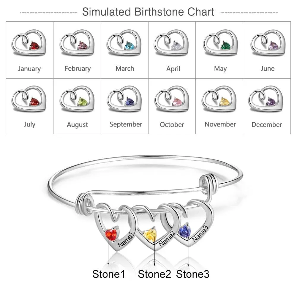 Heart Charm Bracelet, 3-Name Engraving Bracelet- Heart Charm Bracelet for Mom- Personalized Bracelet for Women- Trendy Bracelet for Women- Birthstone Bracelet for Women