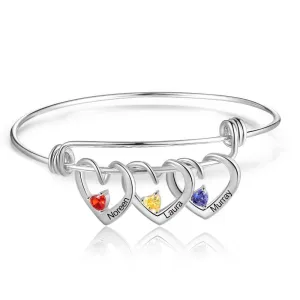 Heart Charm Bracelet, 3-Name Engraving Bracelet- Heart Charm Bracelet for Mom- Personalized Bracelet for Women- Trendy Bracelet for Women- Birthstone Bracelet for Women