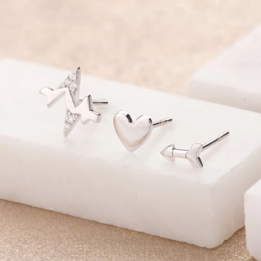 Heartbeat Set of 3 Stud Earrings - Silver - SPESSS20-21-29