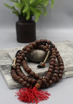 Inlaid Turquoise and Coral Bodhi Seed Tibetan Prayer Mala