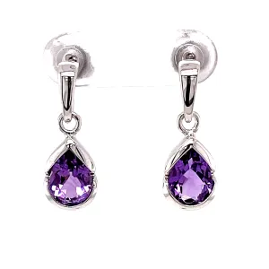 Kaleidoscope Sterling Silver Pear Shaped Amethyst Drop Swinging Stud Earrings