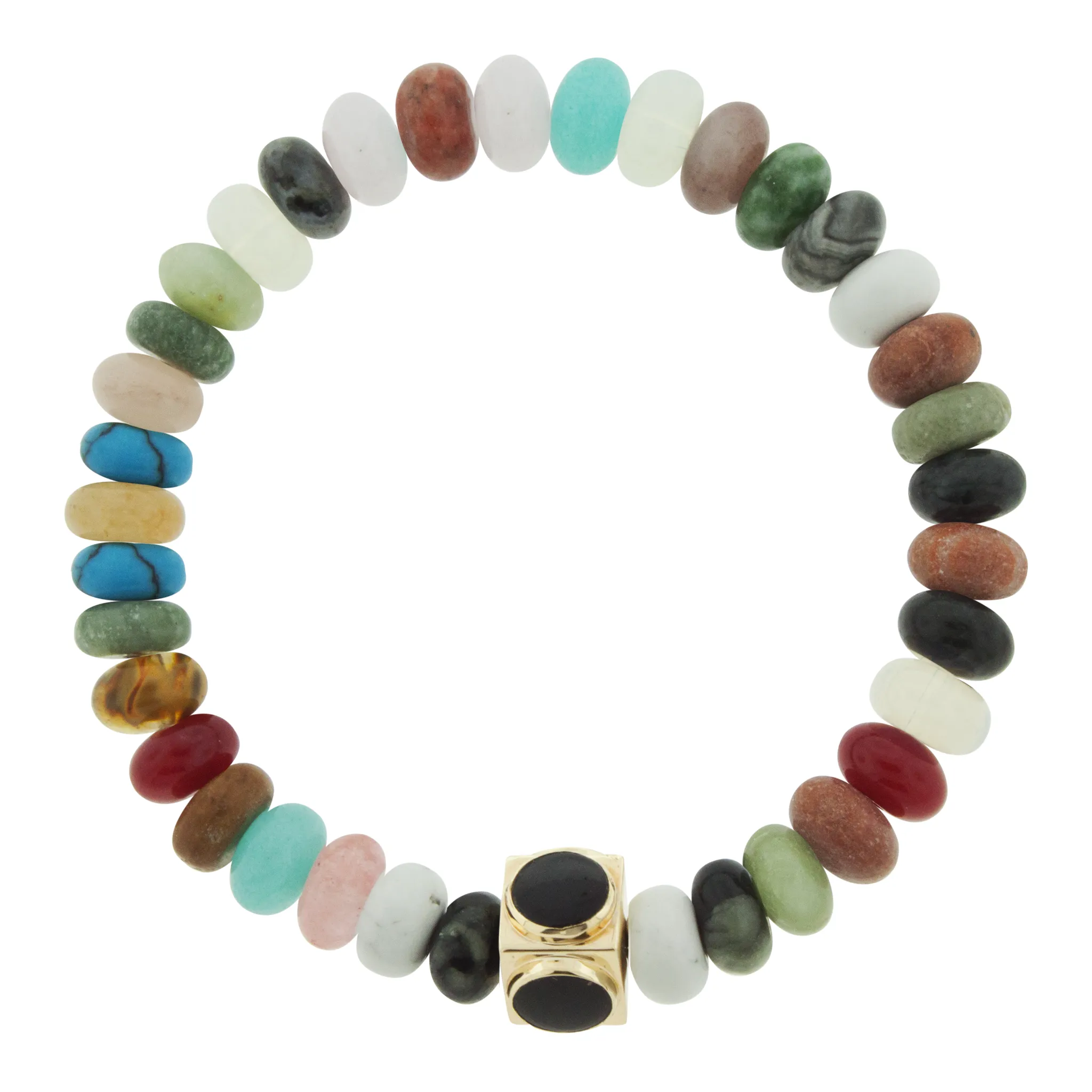 Large Gold & Onyx Lego Cube on Agate Beaded Bracelet