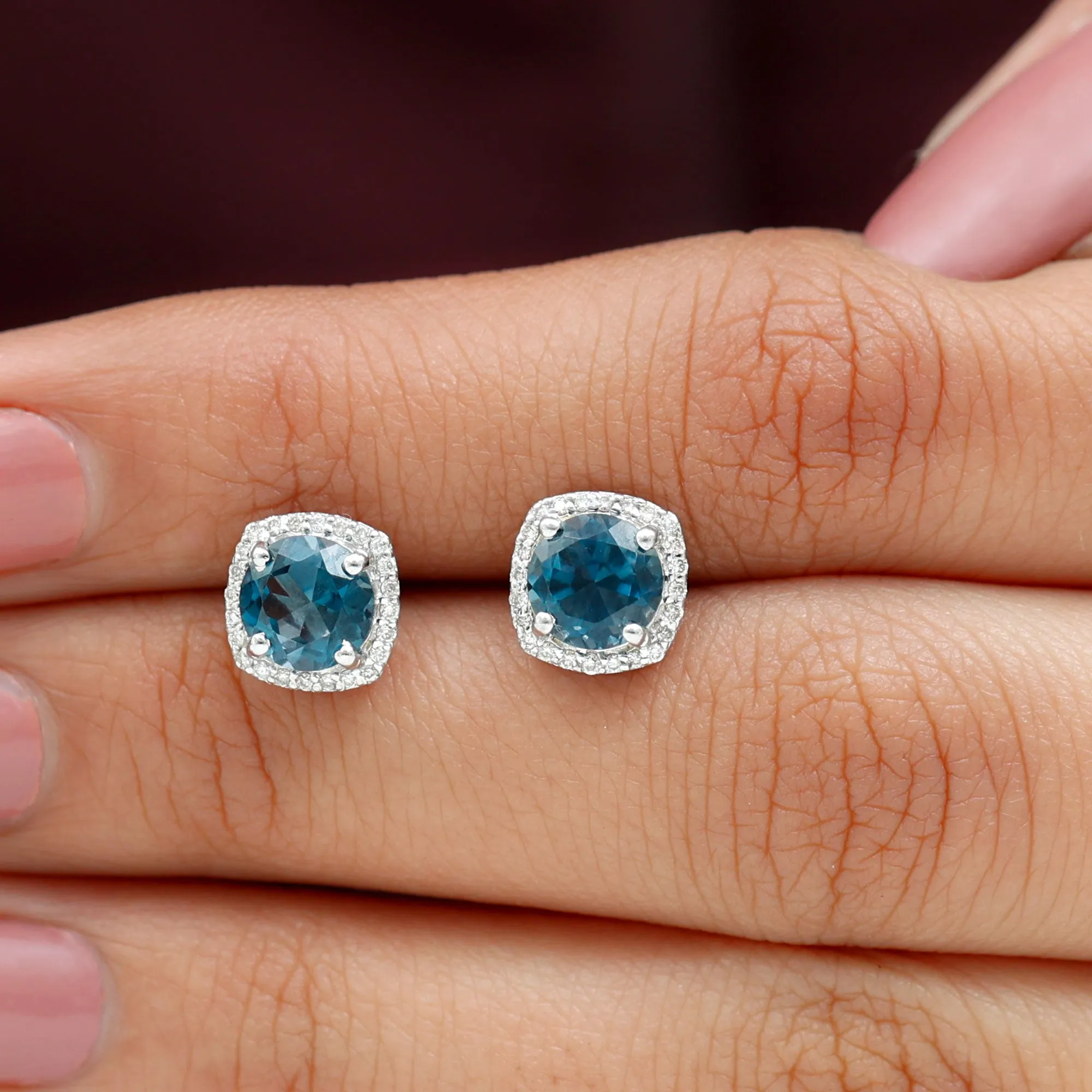 London Blue Topaz and Diamond Halo Stud Earrings