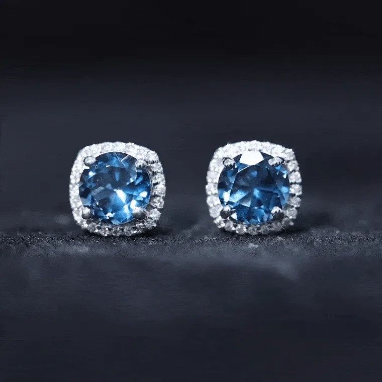 London Blue Topaz and Diamond Halo Stud Earrings