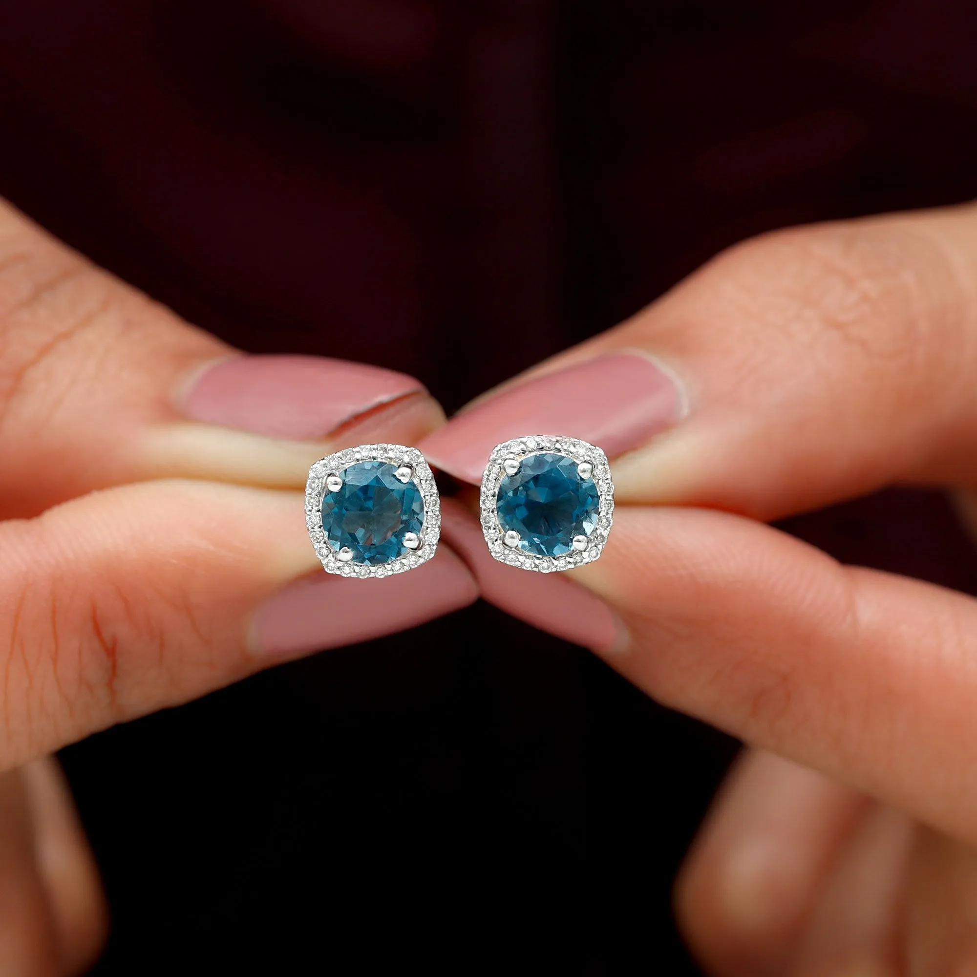 London Blue Topaz and Diamond Halo Stud Earrings