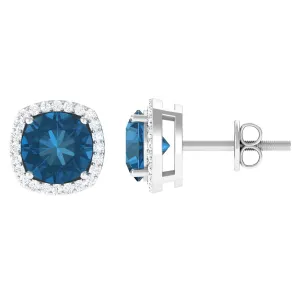 London Blue Topaz and Diamond Halo Stud Earrings