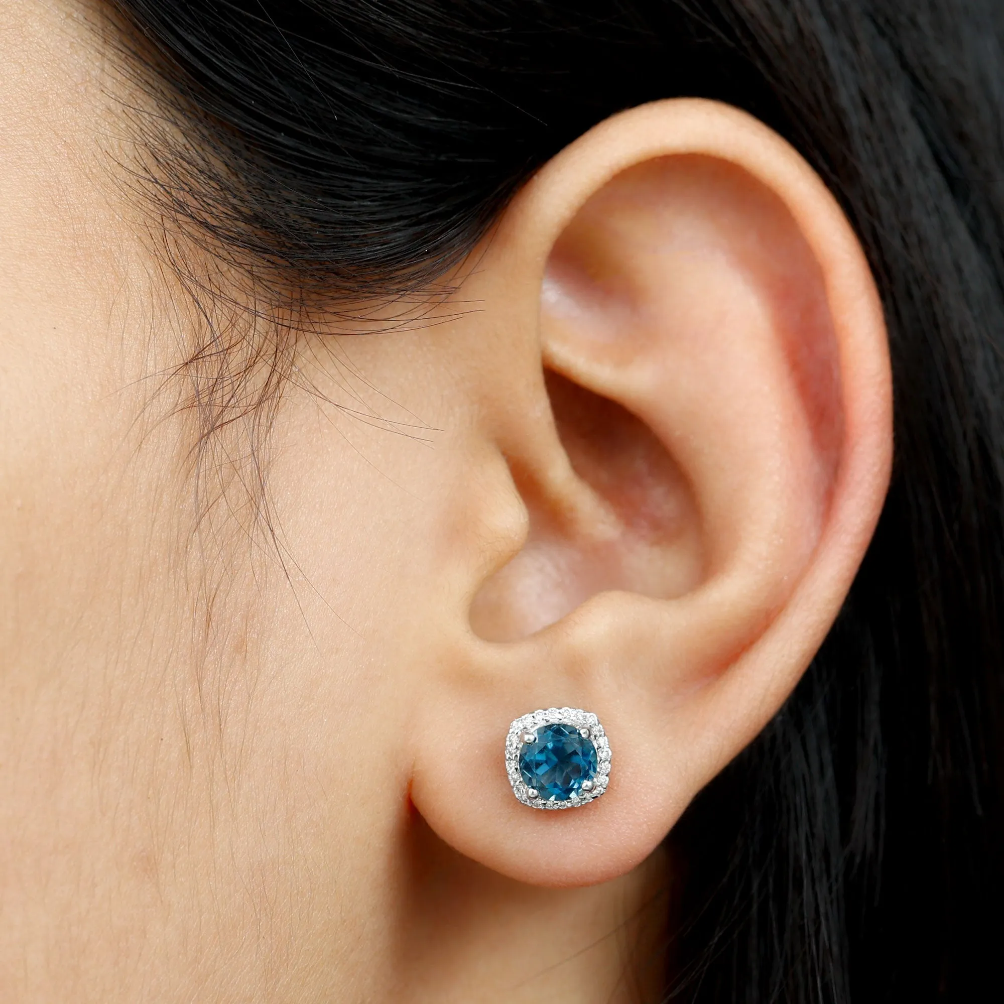 London Blue Topaz and Diamond Halo Stud Earrings