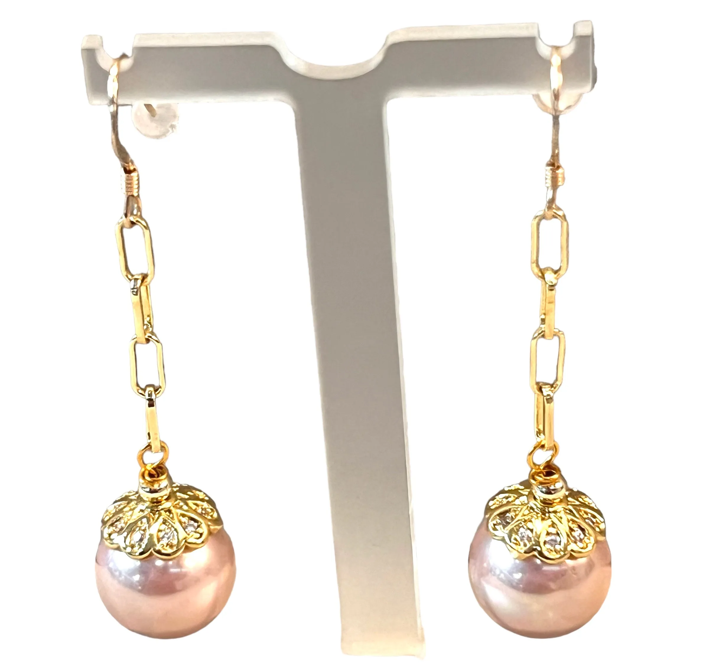 Long Gold Pink Pearl Earrings