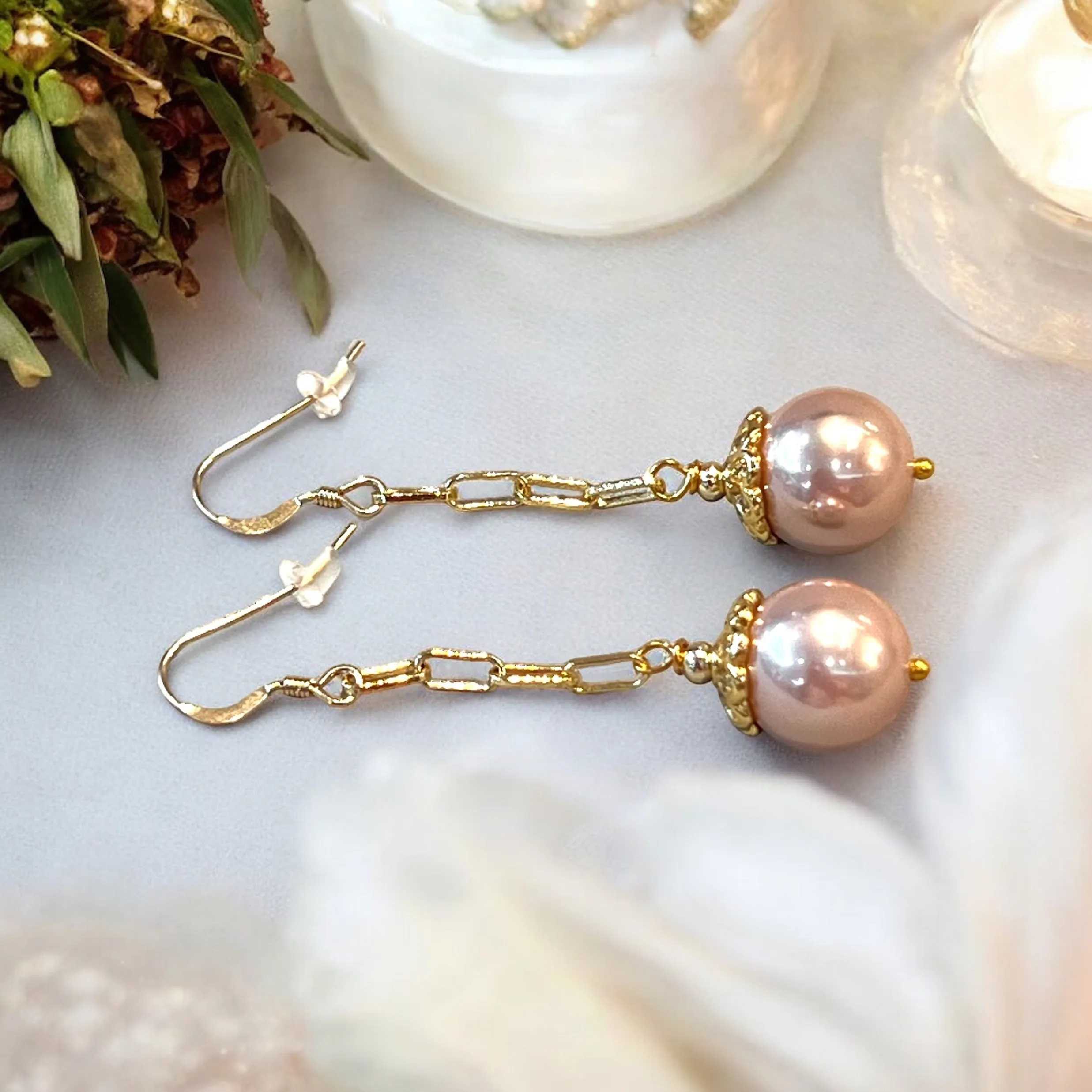 Long Gold Pink Pearl Earrings