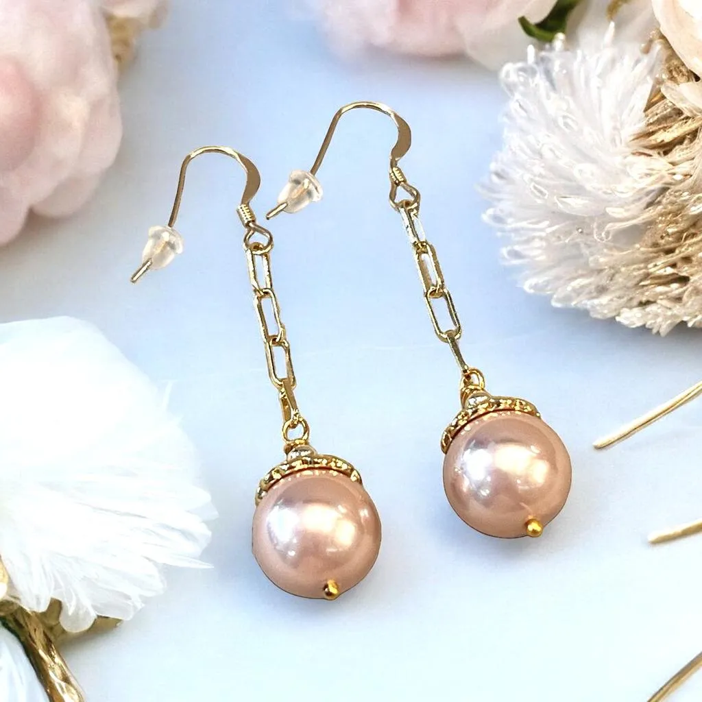 Long Gold Pink Pearl Earrings