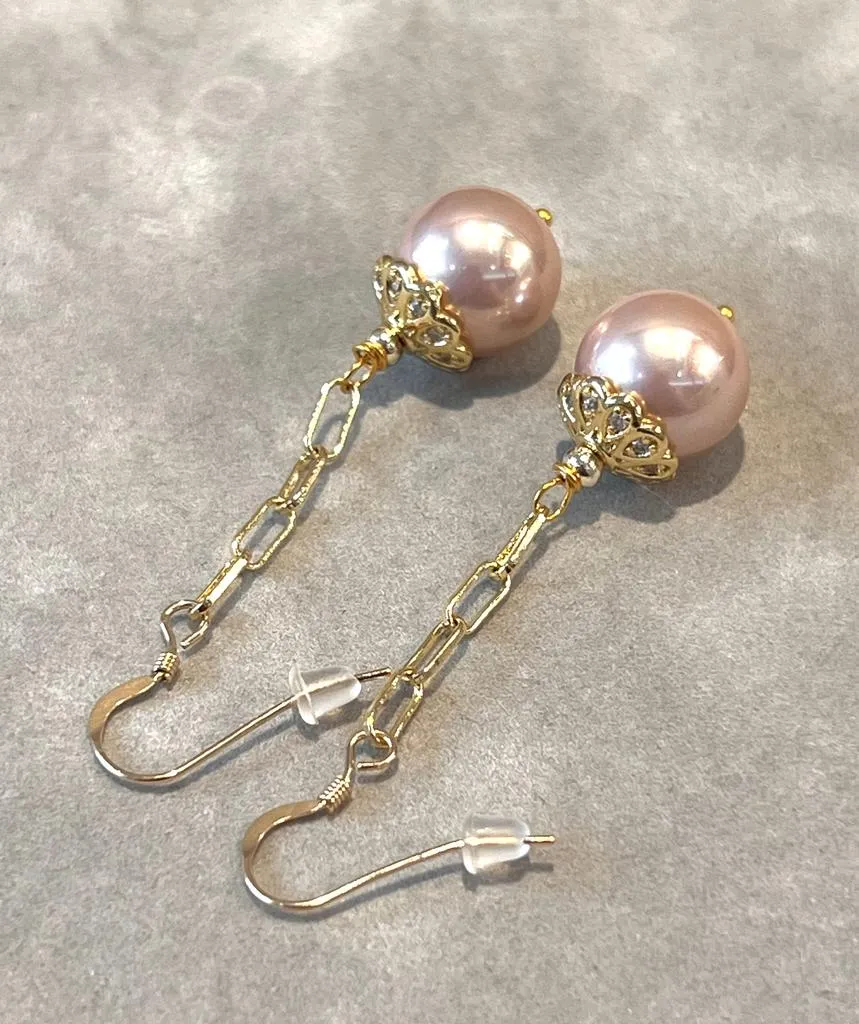 Long Gold Pink Pearl Earrings