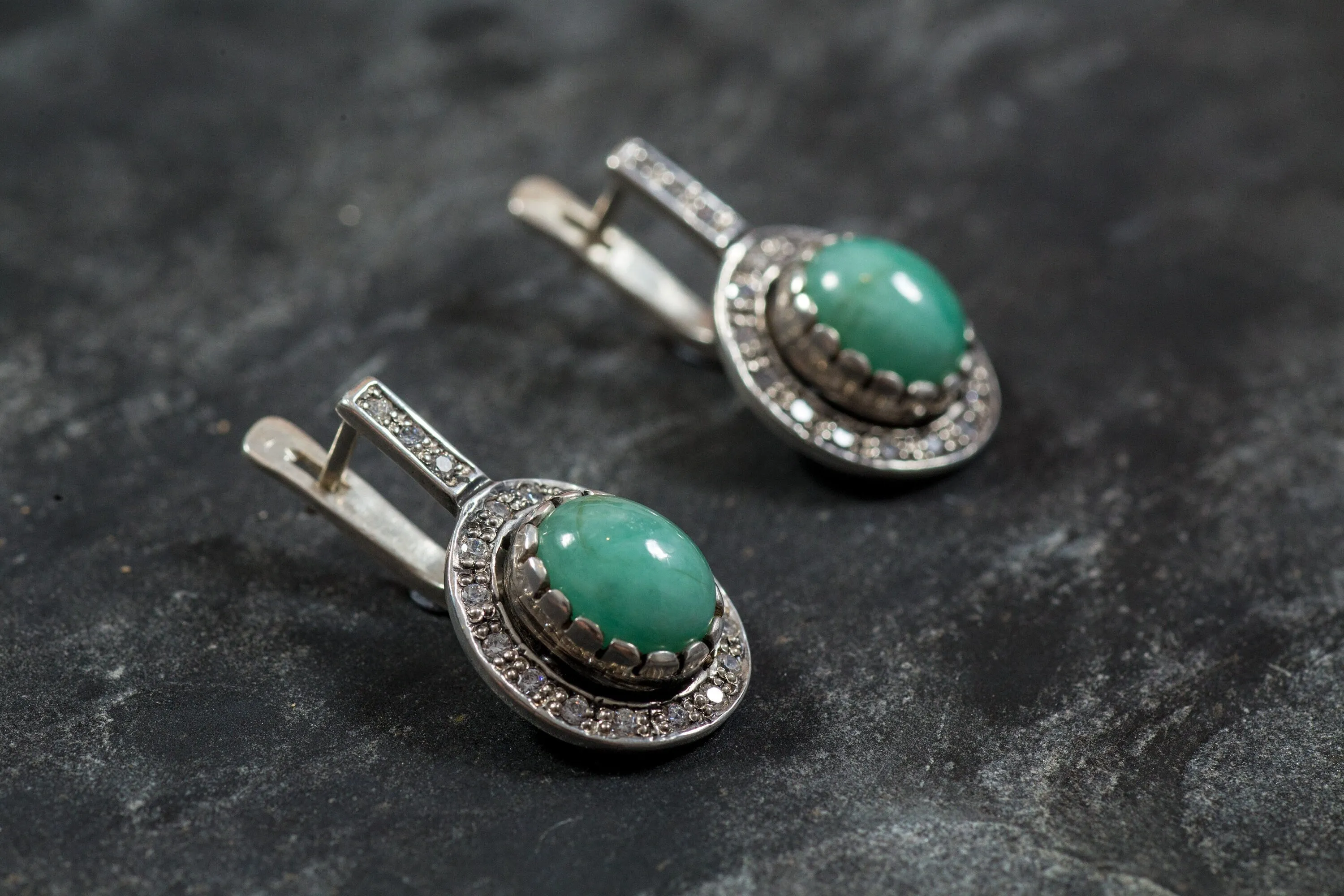 Long Vintage Earrings - Natural Emerald Earrings - Green Drop Earrings