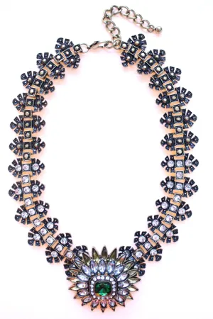 Luxe Crystal Flower Statement Necklace- Emerald