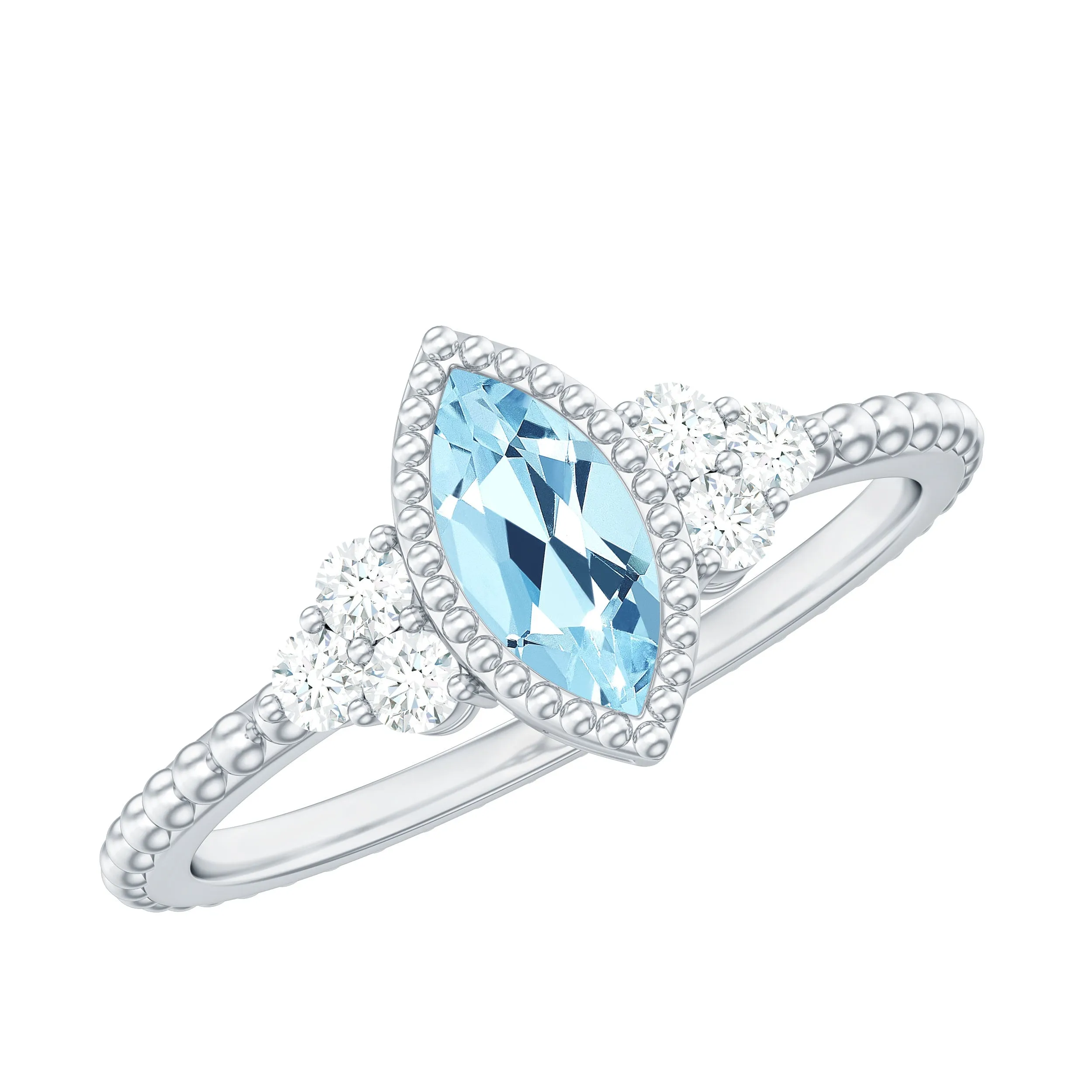 Marquise Cut Aquamarine Solitaire Promise Ring with Diamond Trio