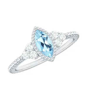 Marquise Cut Aquamarine Solitaire Promise Ring with Diamond Trio