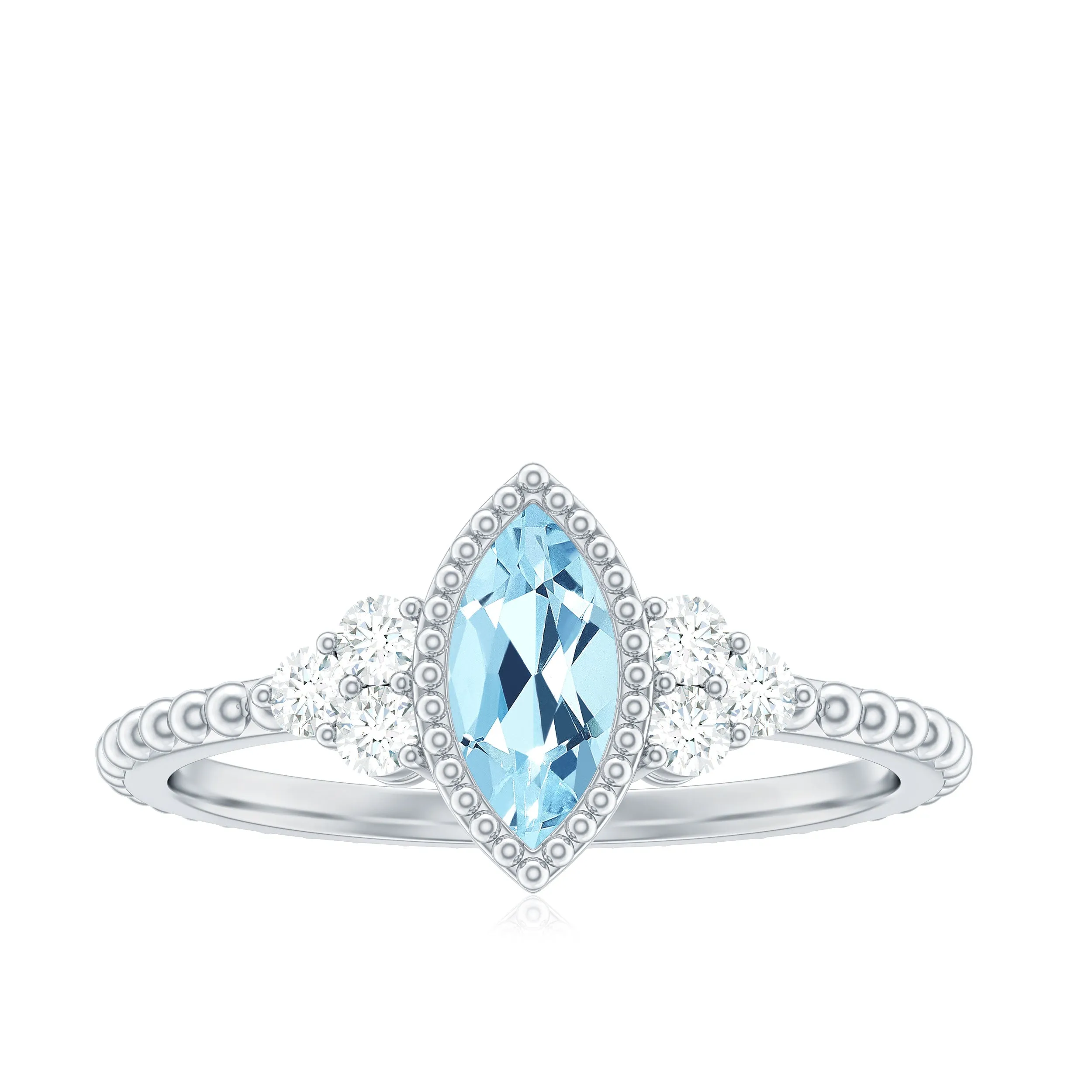 Marquise Cut Aquamarine Solitaire Promise Ring with Diamond Trio