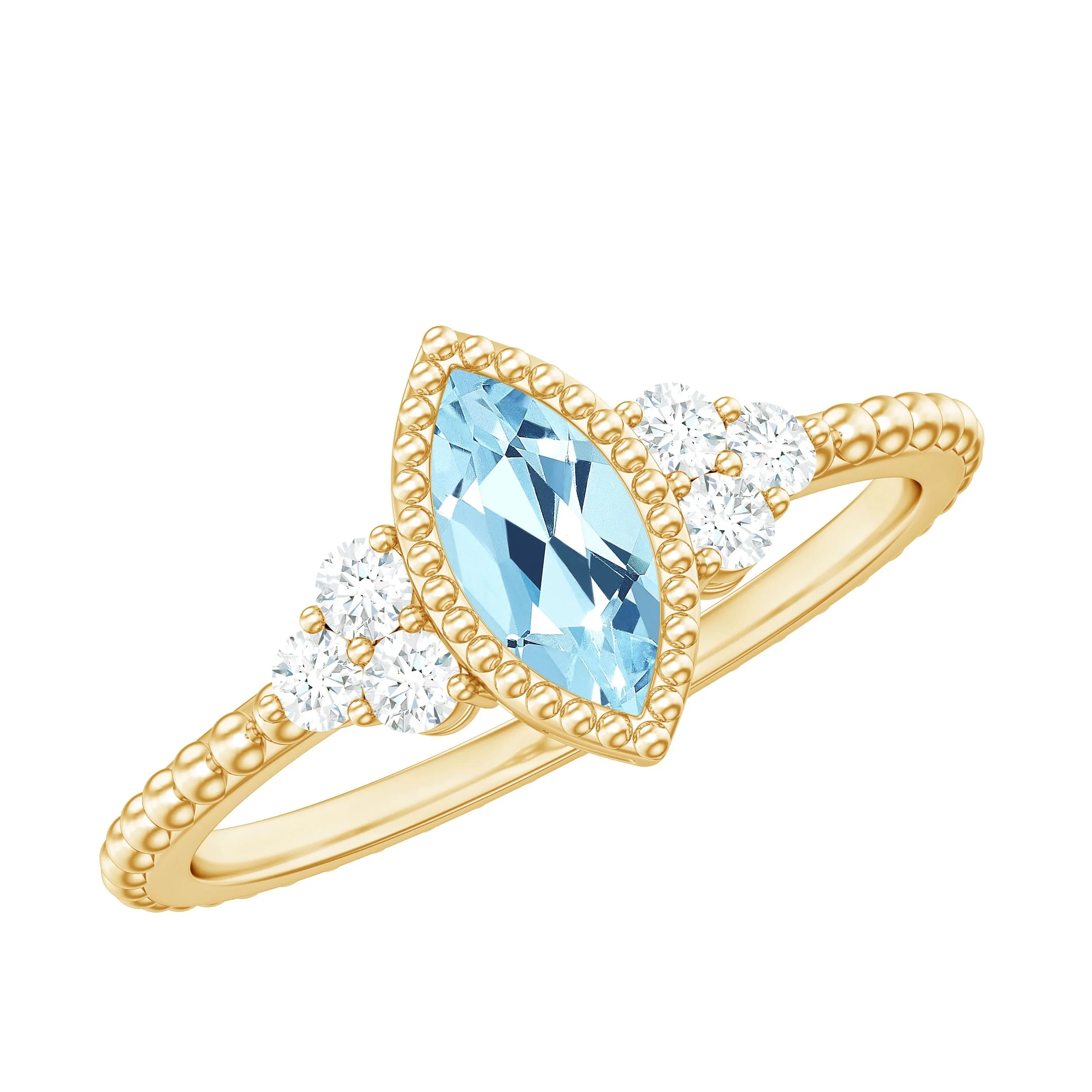 Marquise Cut Aquamarine Solitaire Promise Ring with Diamond Trio