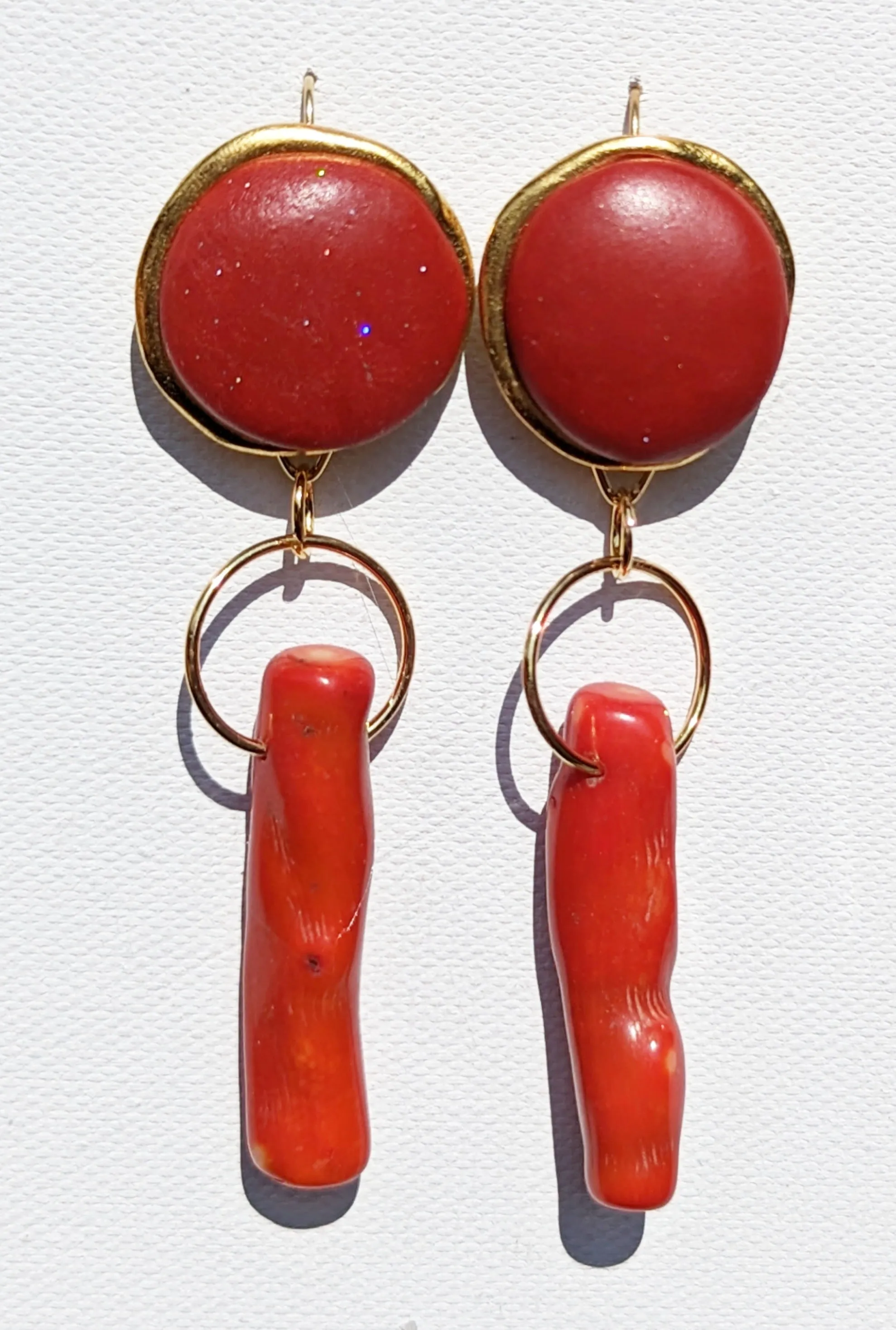 Modern Red Branch Coral Earrings Circle Wire Hook Gold Plated USA made Gay Isber Free