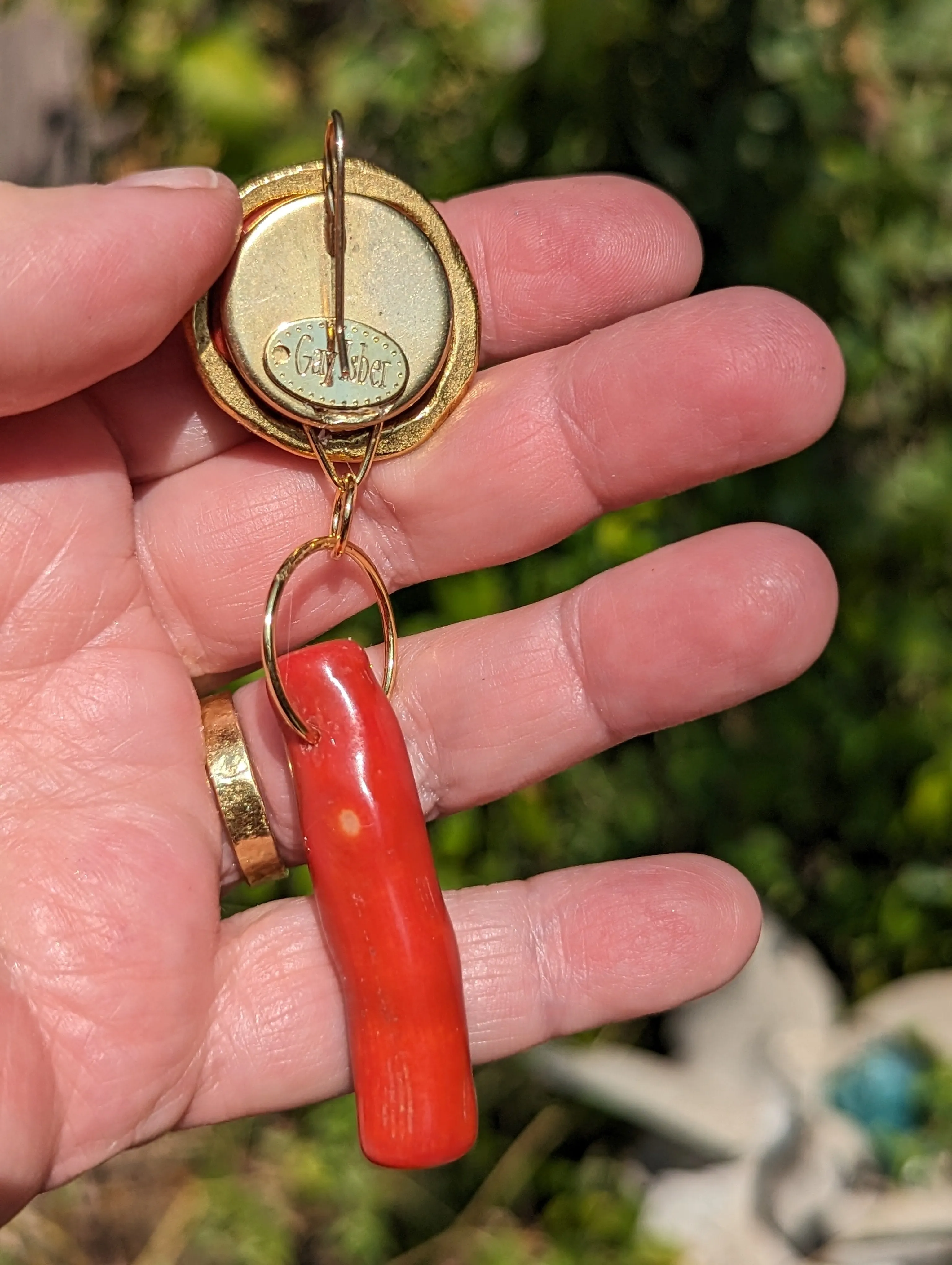 Modern Red Branch Coral Earrings Circle Wire Hook Gold Plated USA made Gay Isber Free