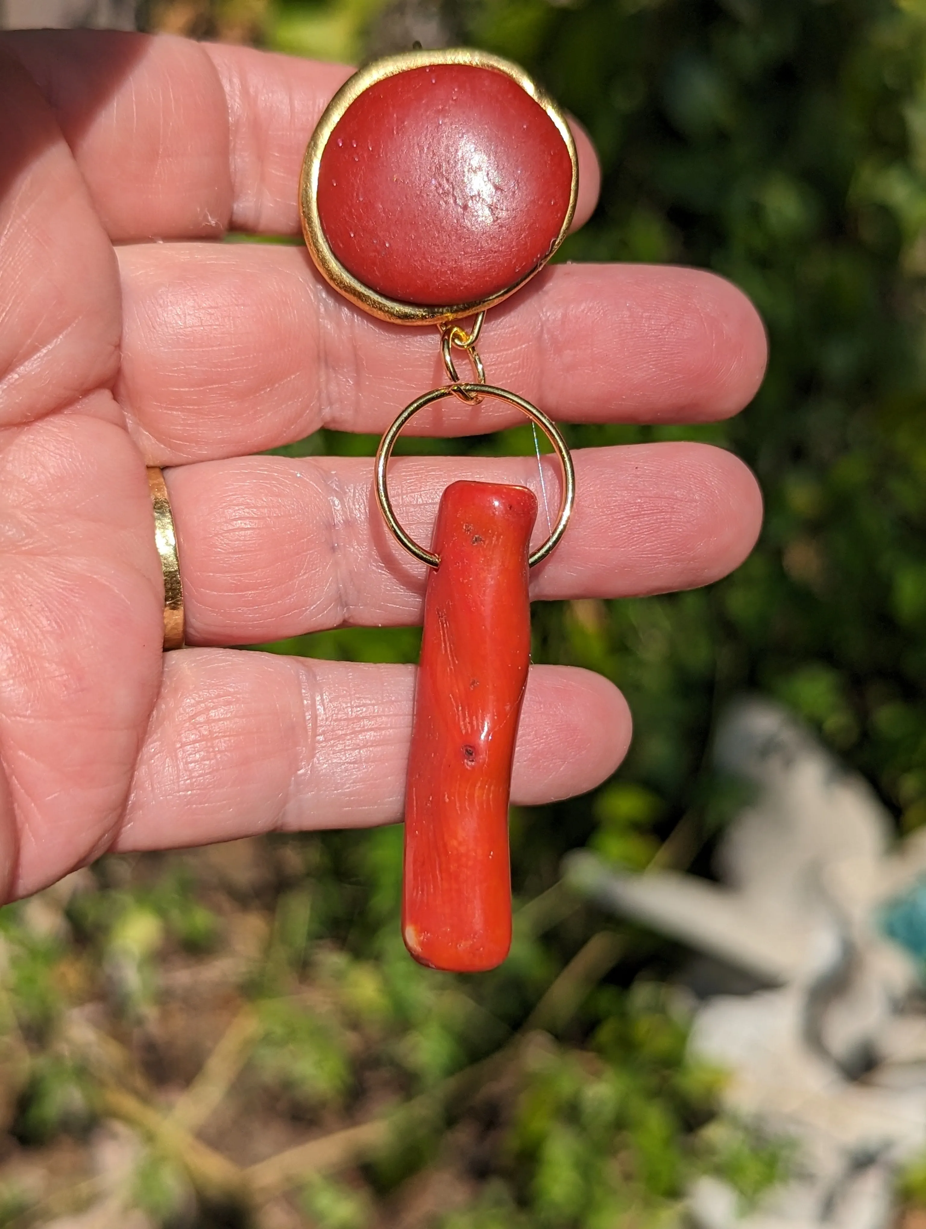 Modern Red Branch Coral Earrings Circle Wire Hook Gold Plated USA made Gay Isber Free