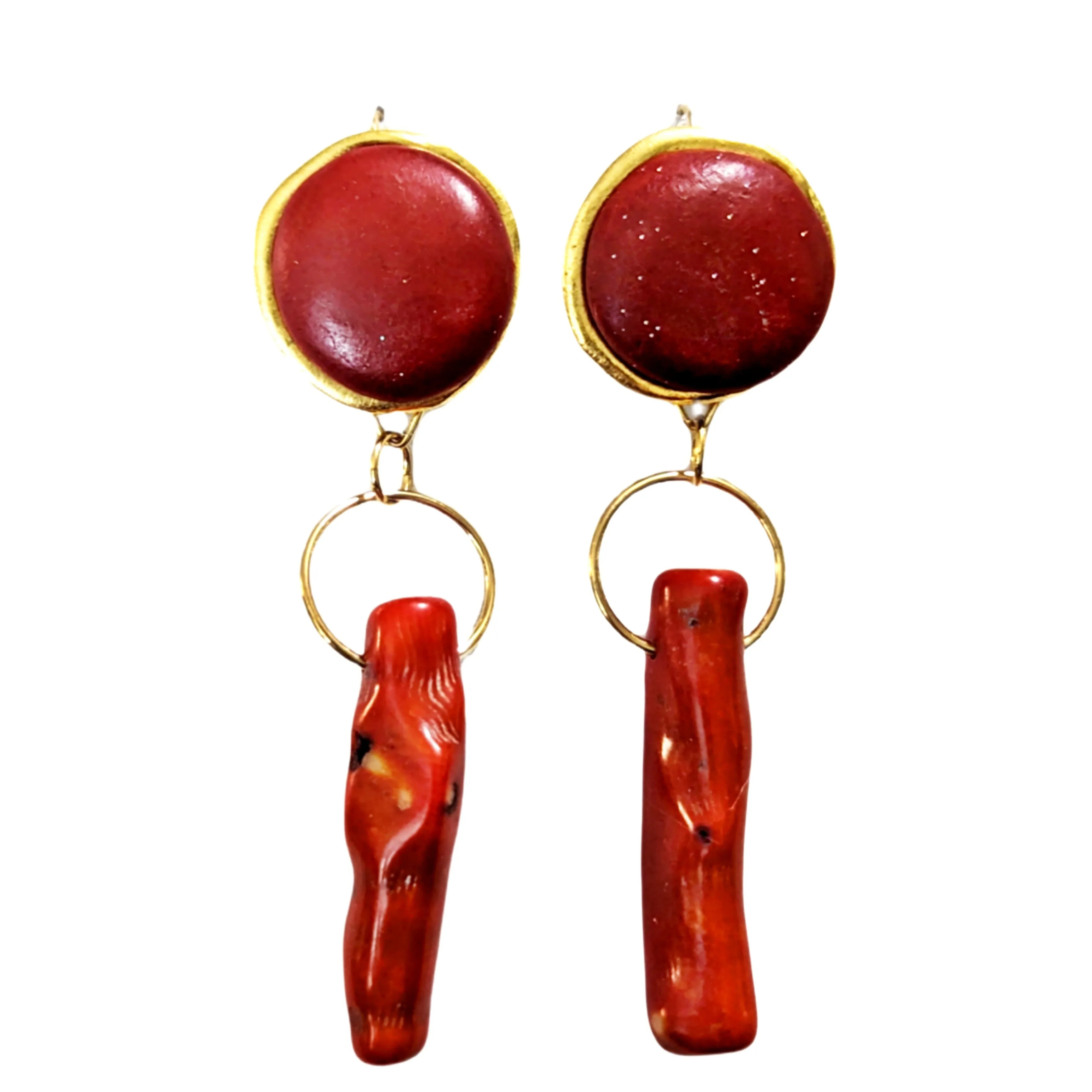 Modern Red Branch Coral Earrings Circle Wire Hook Gold Plated USA made Gay Isber Free