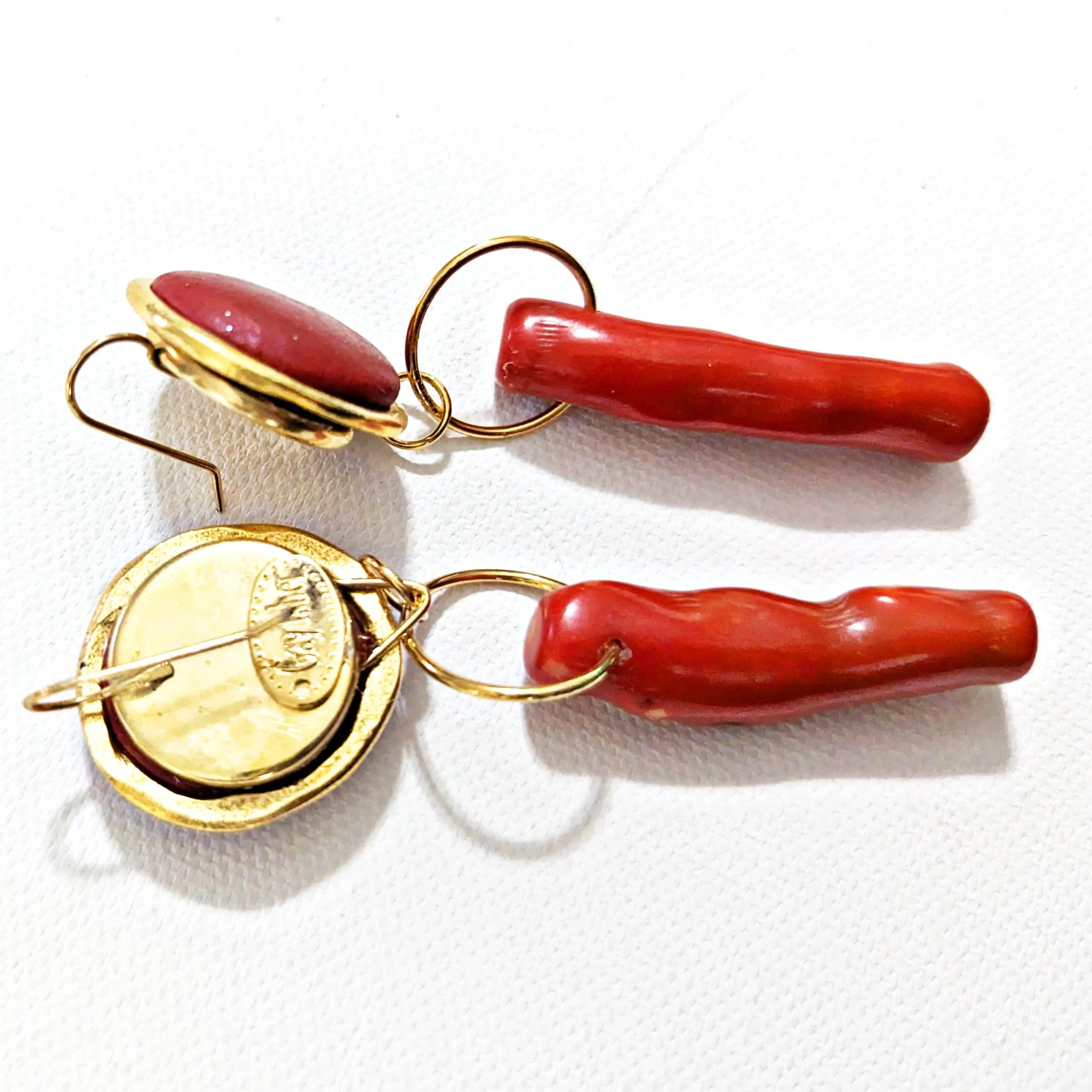 Modern Red Branch Coral Earrings Circle Wire Hook Gold Plated USA made Gay Isber Free