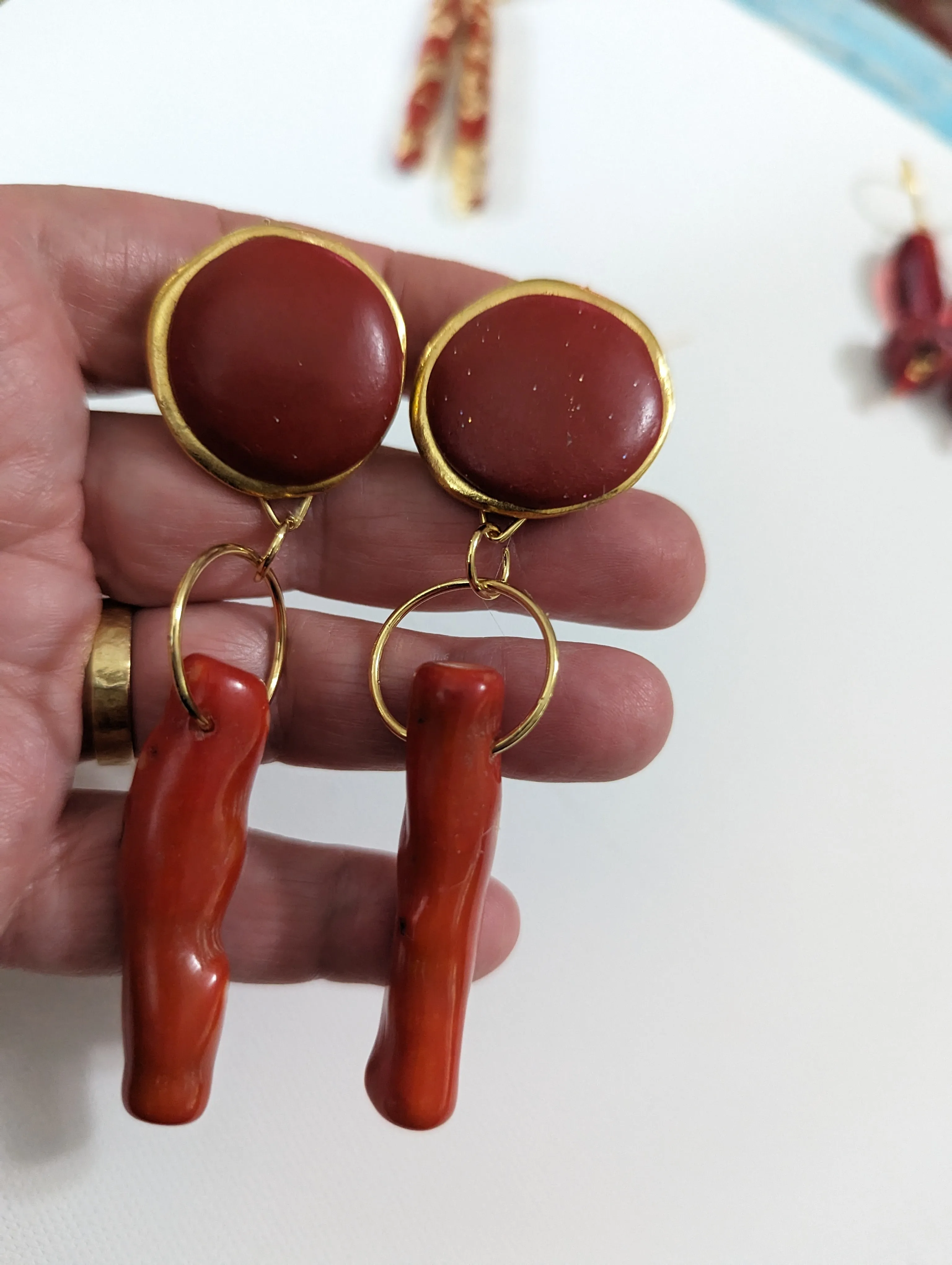 Modern Red Branch Coral Earrings Circle Wire Hook Gold Plated USA made Gay Isber Free