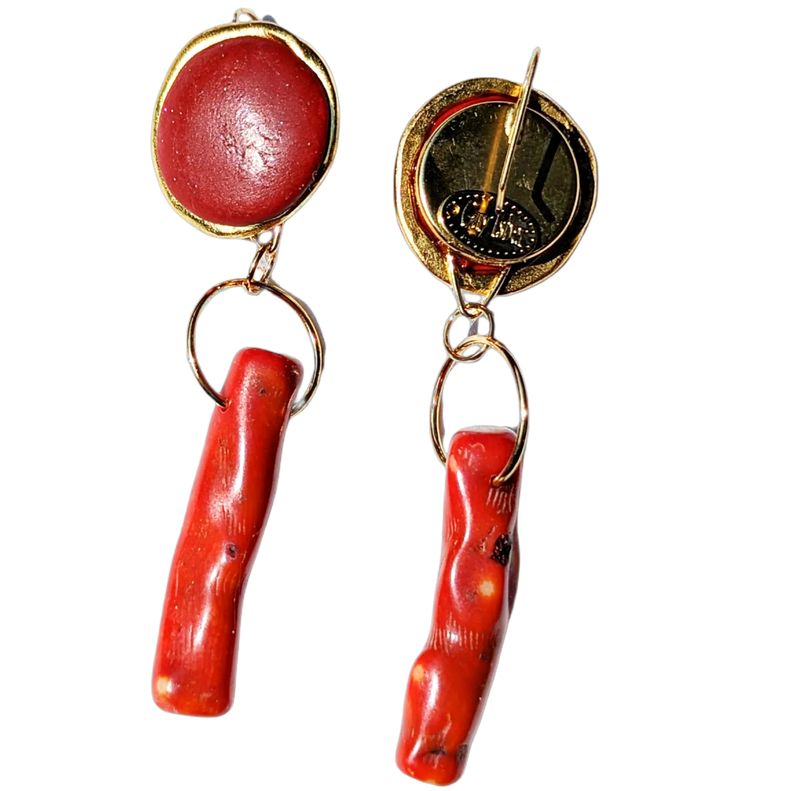 Modern Red Branch Coral Earrings Circle Wire Hook Gold Plated USA made Gay Isber Free