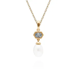 Moderne Perle & Aquamarin Hexagon Anhänger in Vergoldetem Sterling Silber