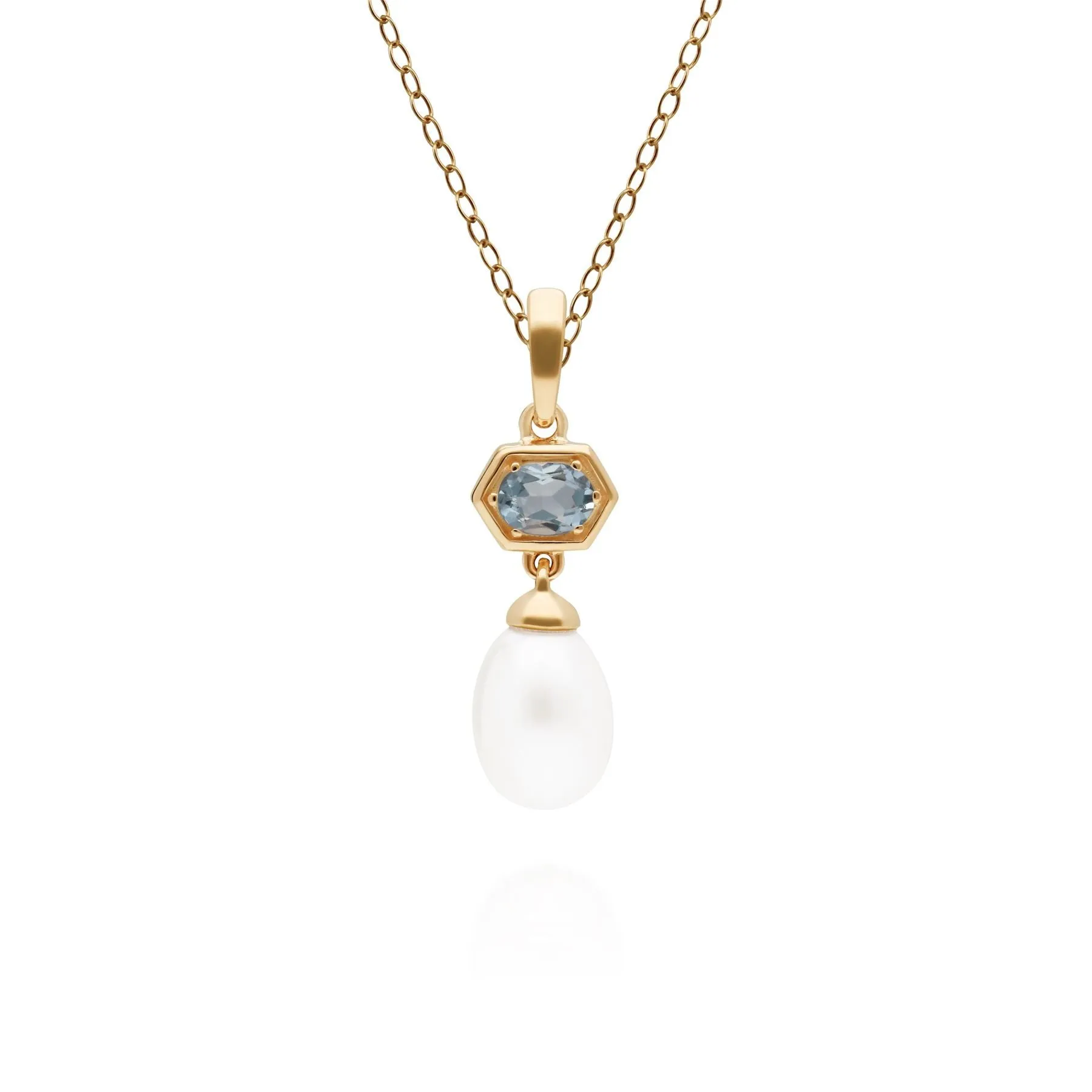 Moderne Perle & Aquamarin Hexagon Anhänger in Vergoldetem Sterling Silber