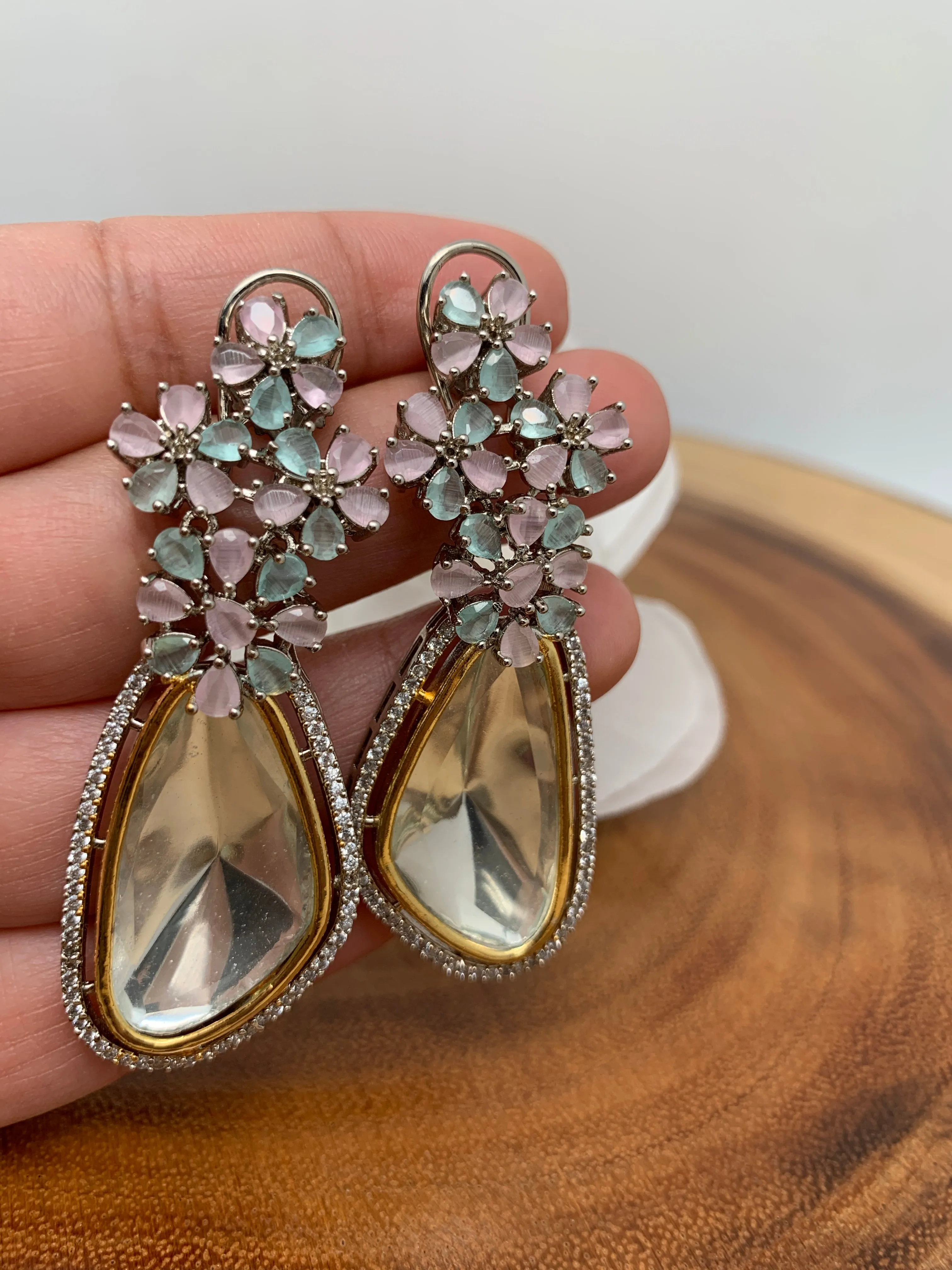 Moissanite Mint Green Pink Stone Silver Polish Earrings