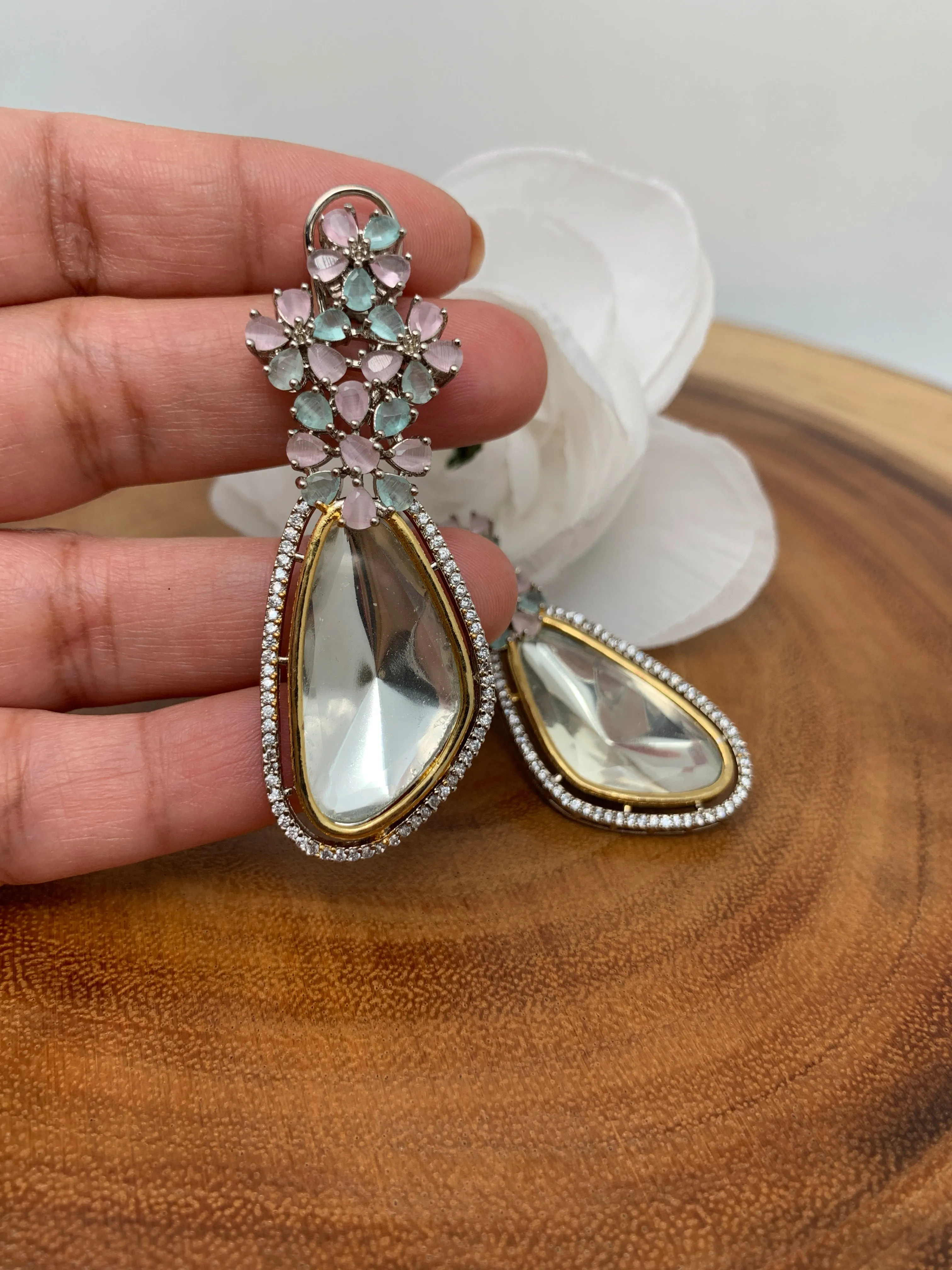Moissanite Mint Green Pink Stone Silver Polish Earrings