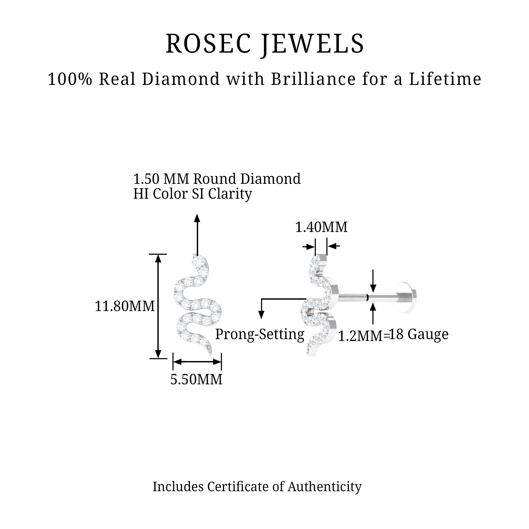 Natural Diamond Snake Earring for Cartilage Piercing