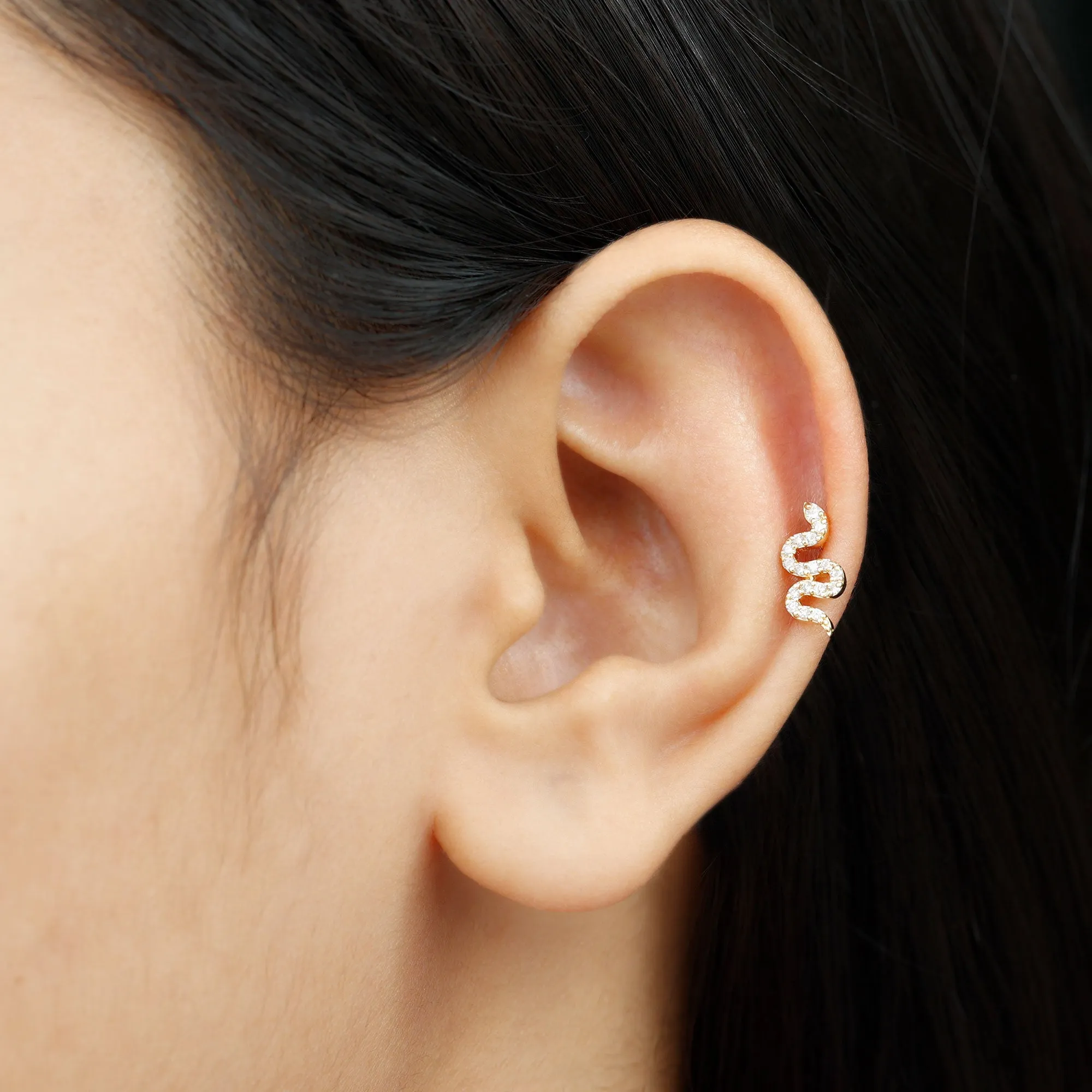 Natural Diamond Snake Earring for Cartilage Piercing