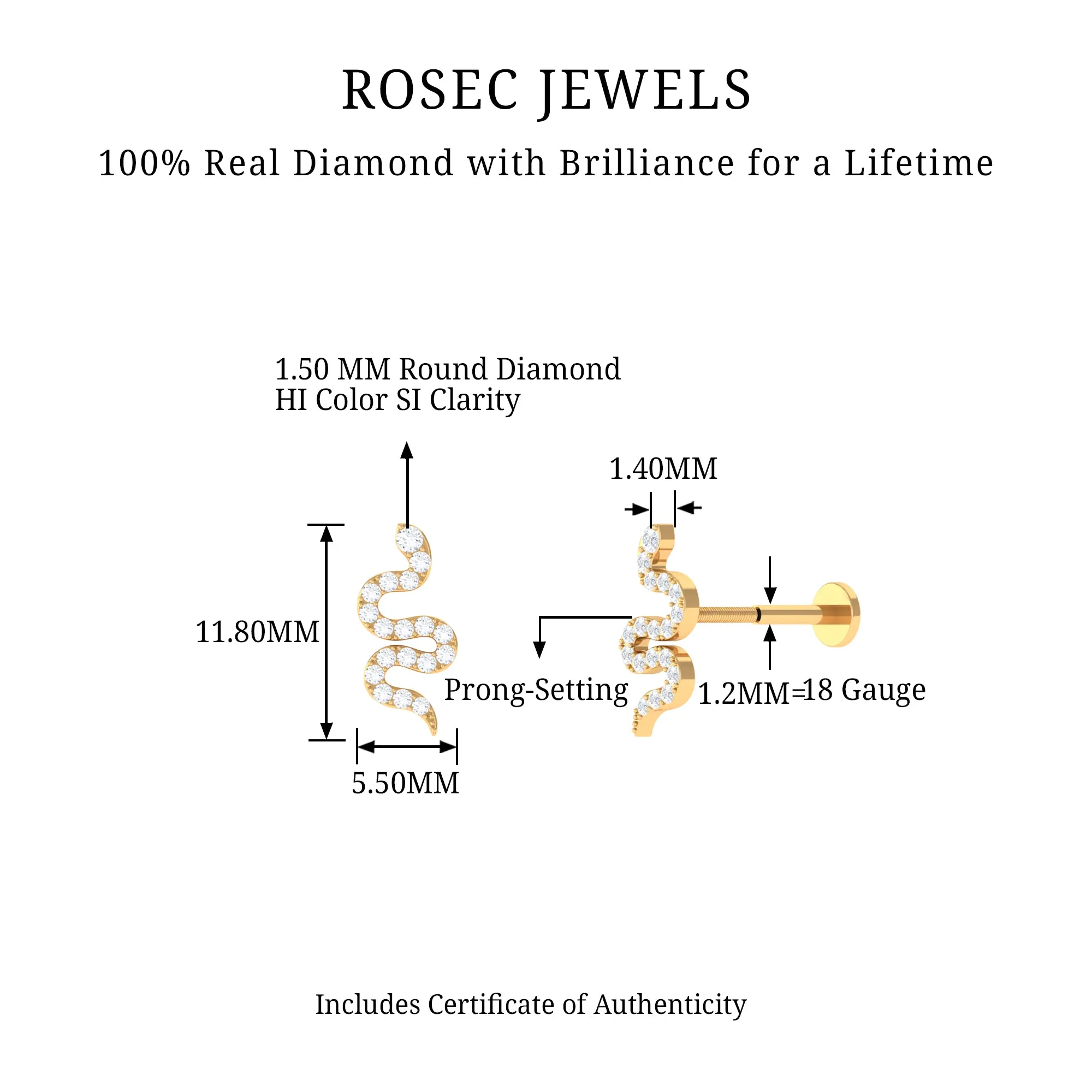 Natural Diamond Snake Earring for Cartilage Piercing