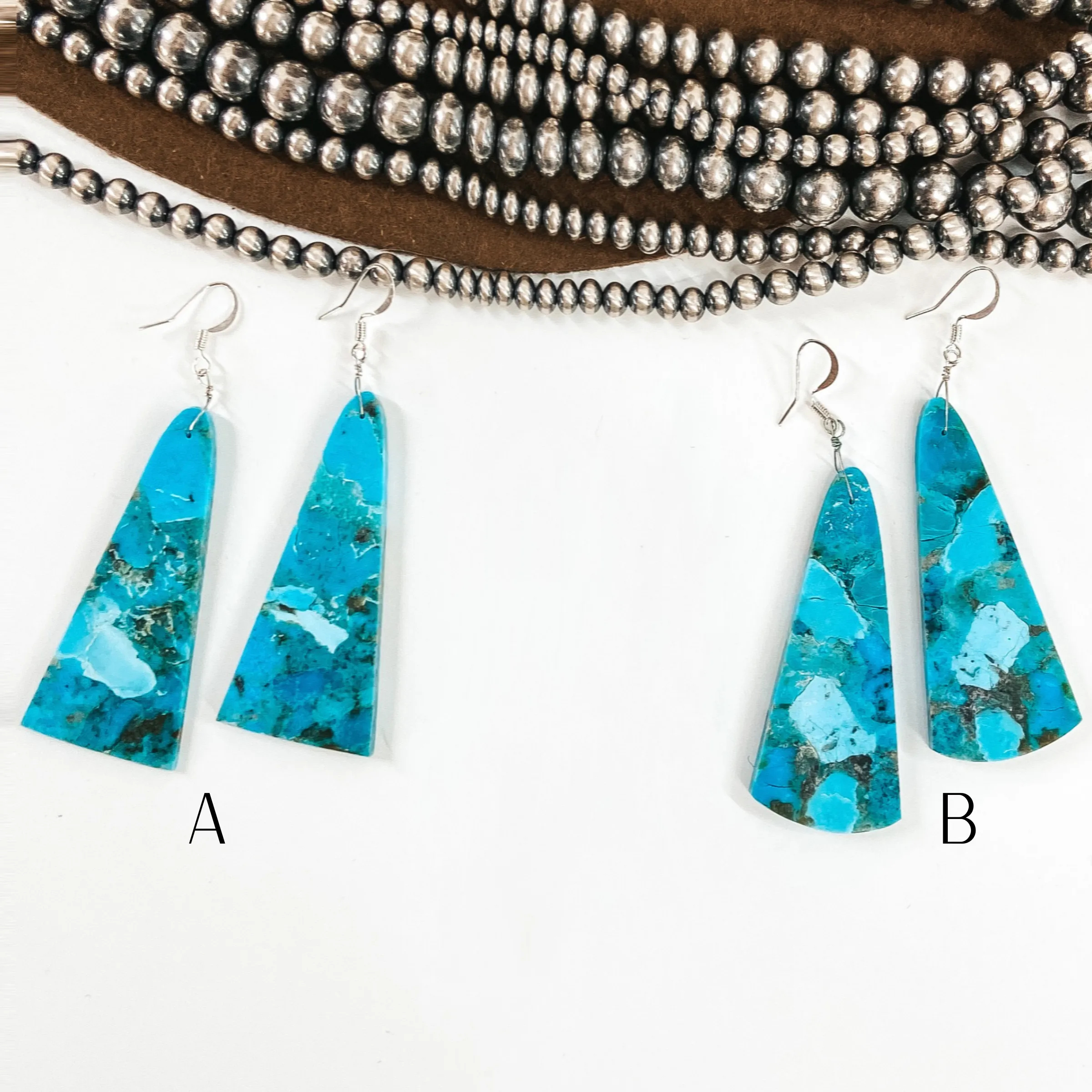 Navajo | Navajo Handmade Long Trapezoidal Turquoise Slab Earrings on Sterling Silver Fishhook