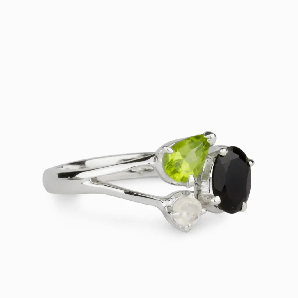 Onyx, Rainbow Moonstone, & Peridot Ring