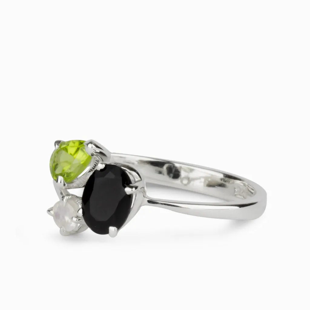 Onyx, Rainbow Moonstone, & Peridot Ring