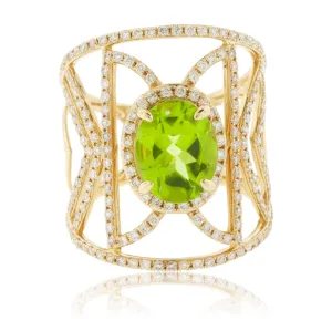 Oval Peridot & Wide Vintage Inspired Diamond Ring
