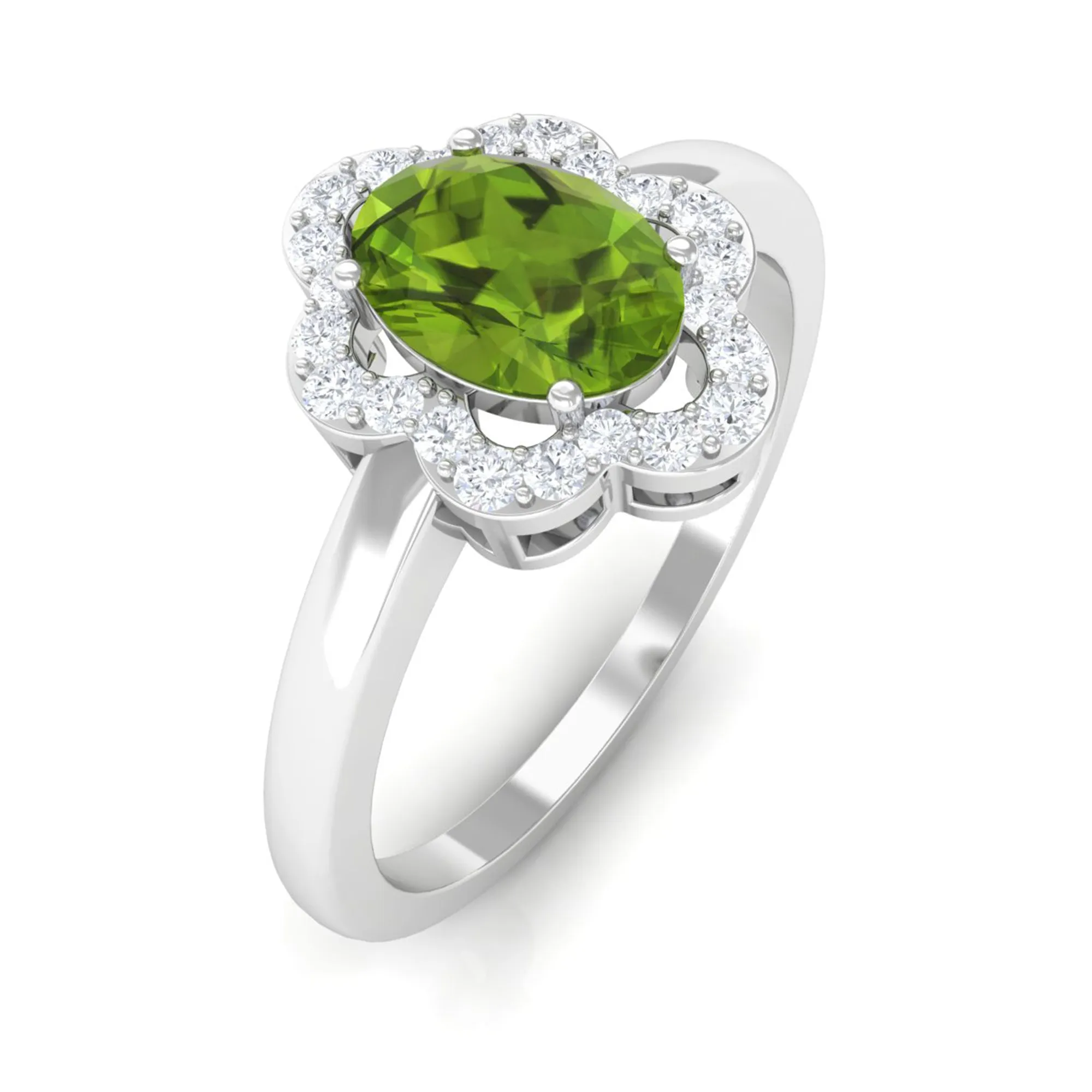 Oval Peridot Cocktail Flower Ring with Diamond