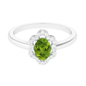 Oval Peridot Cocktail Flower Ring with Diamond