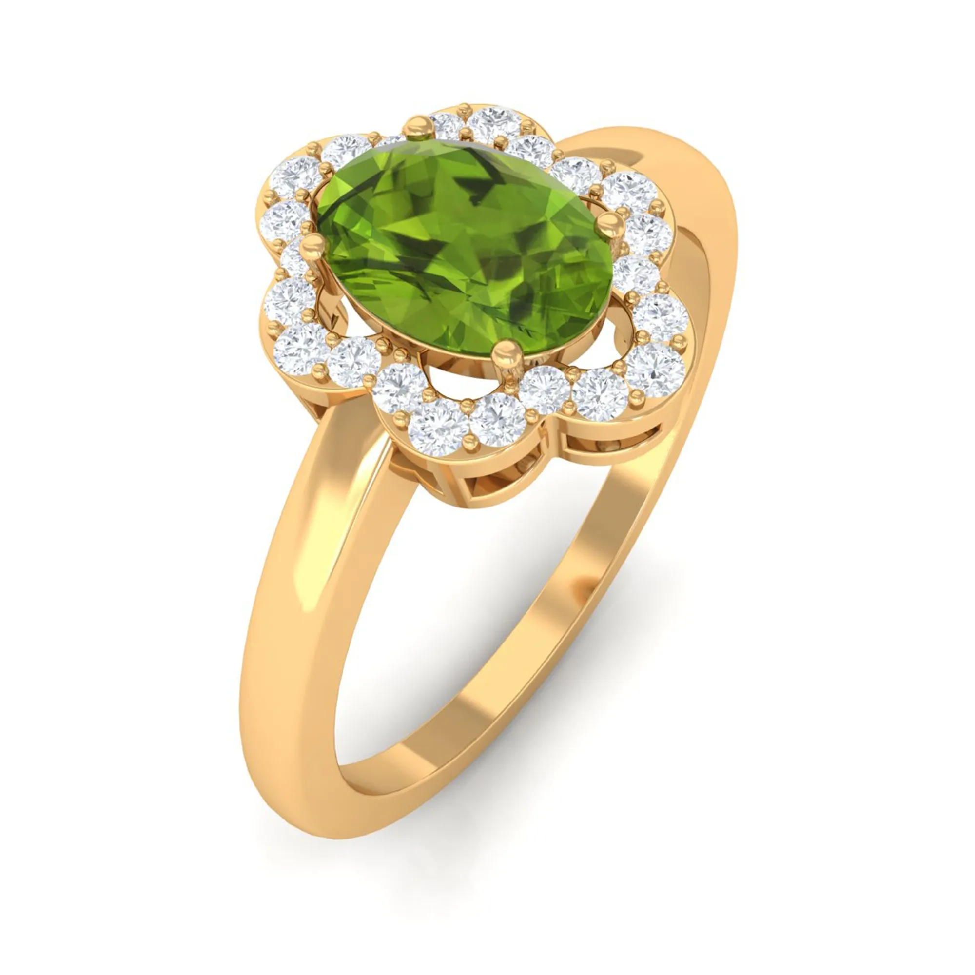 Oval Peridot Cocktail Flower Ring with Diamond