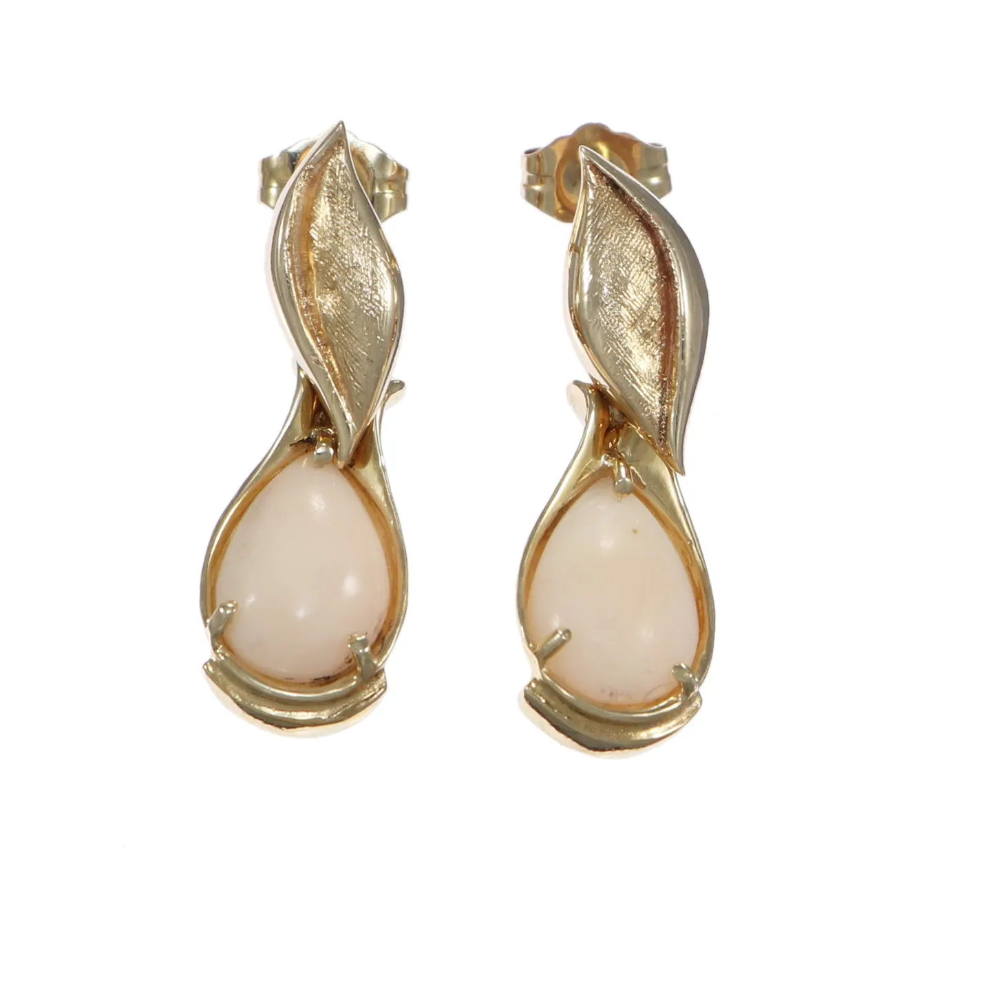 Pear Shape Pink Coral Leaf Drop Dangle Earrings Solid 14k Yellow Gold 4.6g