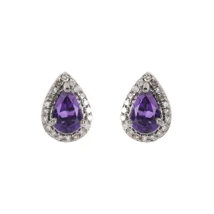 Pear-Shaped Amethyst Stud Earrings with Diamond Halo