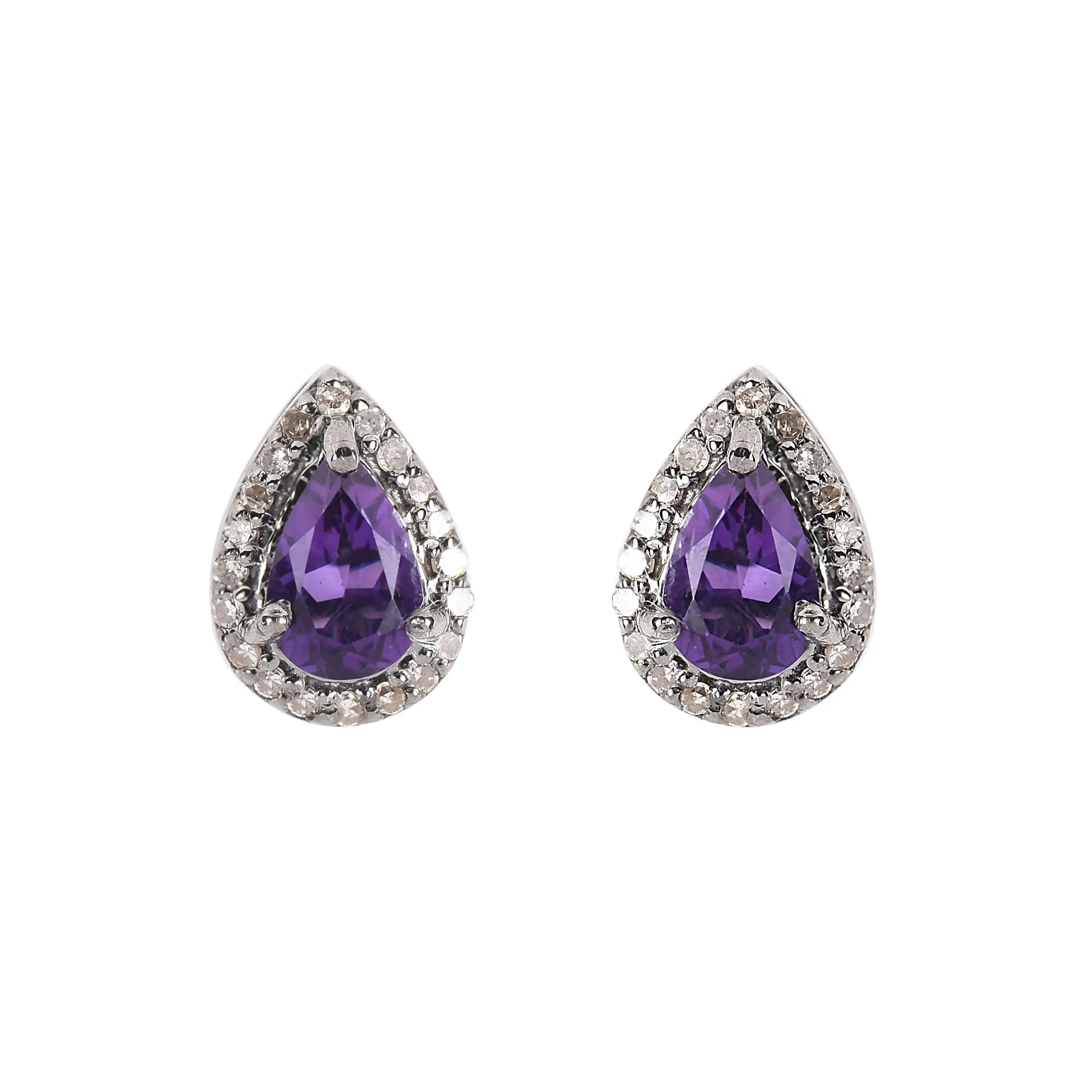 Pear-Shaped Amethyst Stud Earrings with Diamond Halo