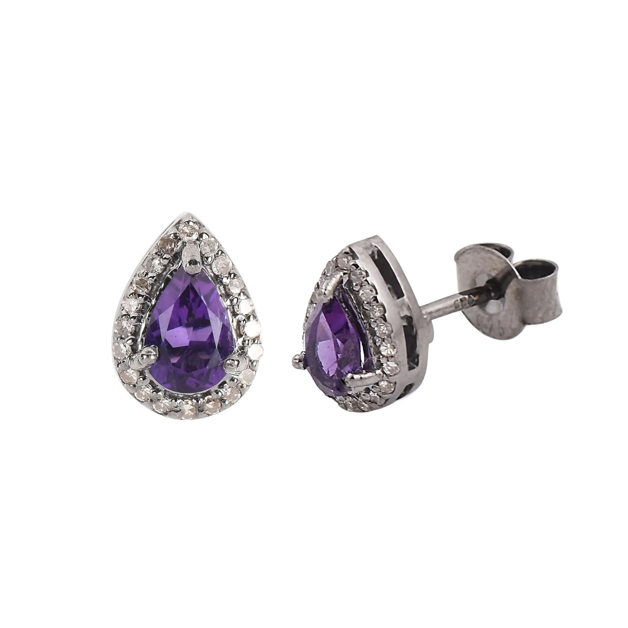 Pear-Shaped Amethyst Stud Earrings with Diamond Halo