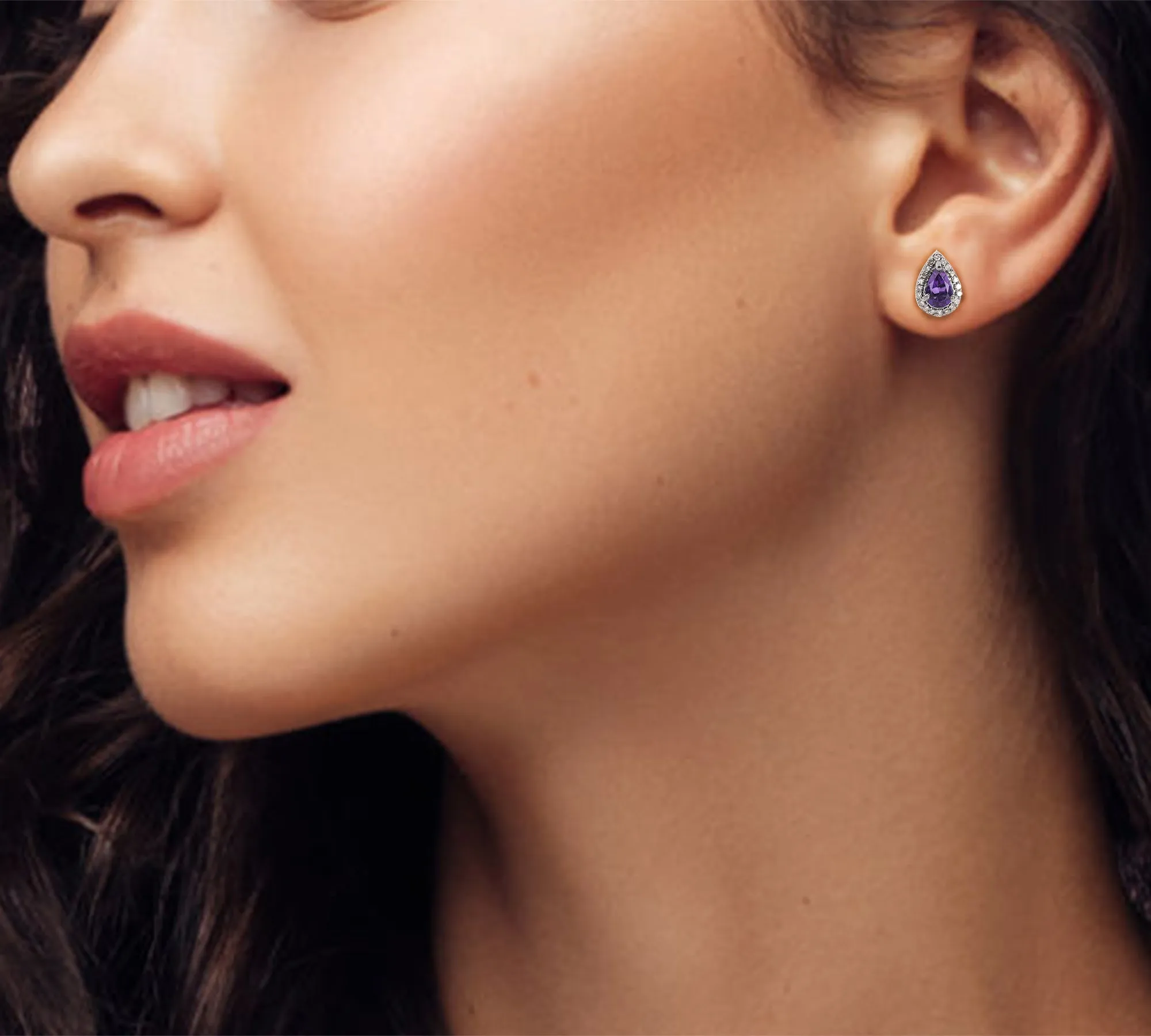 Pear-Shaped Amethyst Stud Earrings with Diamond Halo