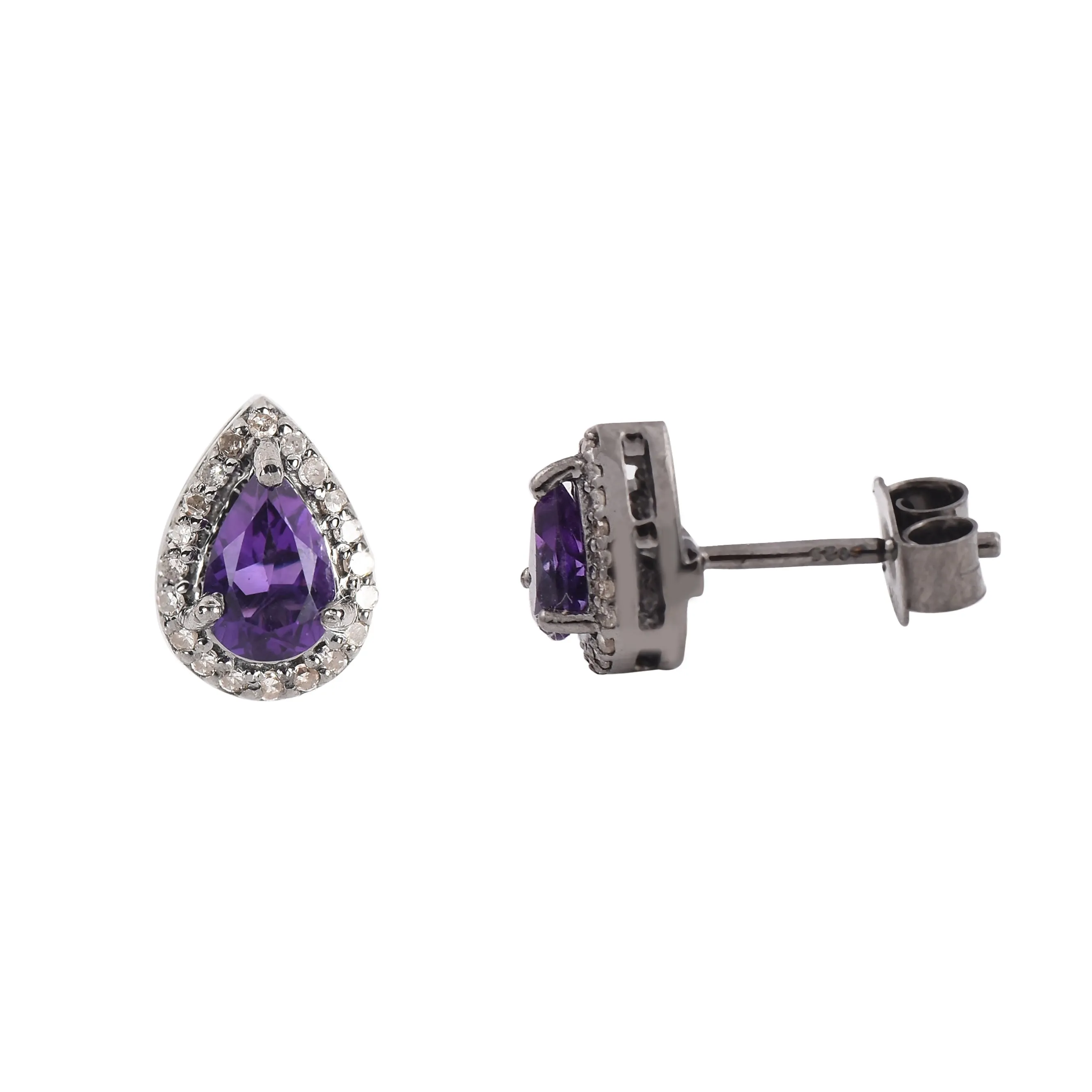 Pear-Shaped Amethyst Stud Earrings with Diamond Halo